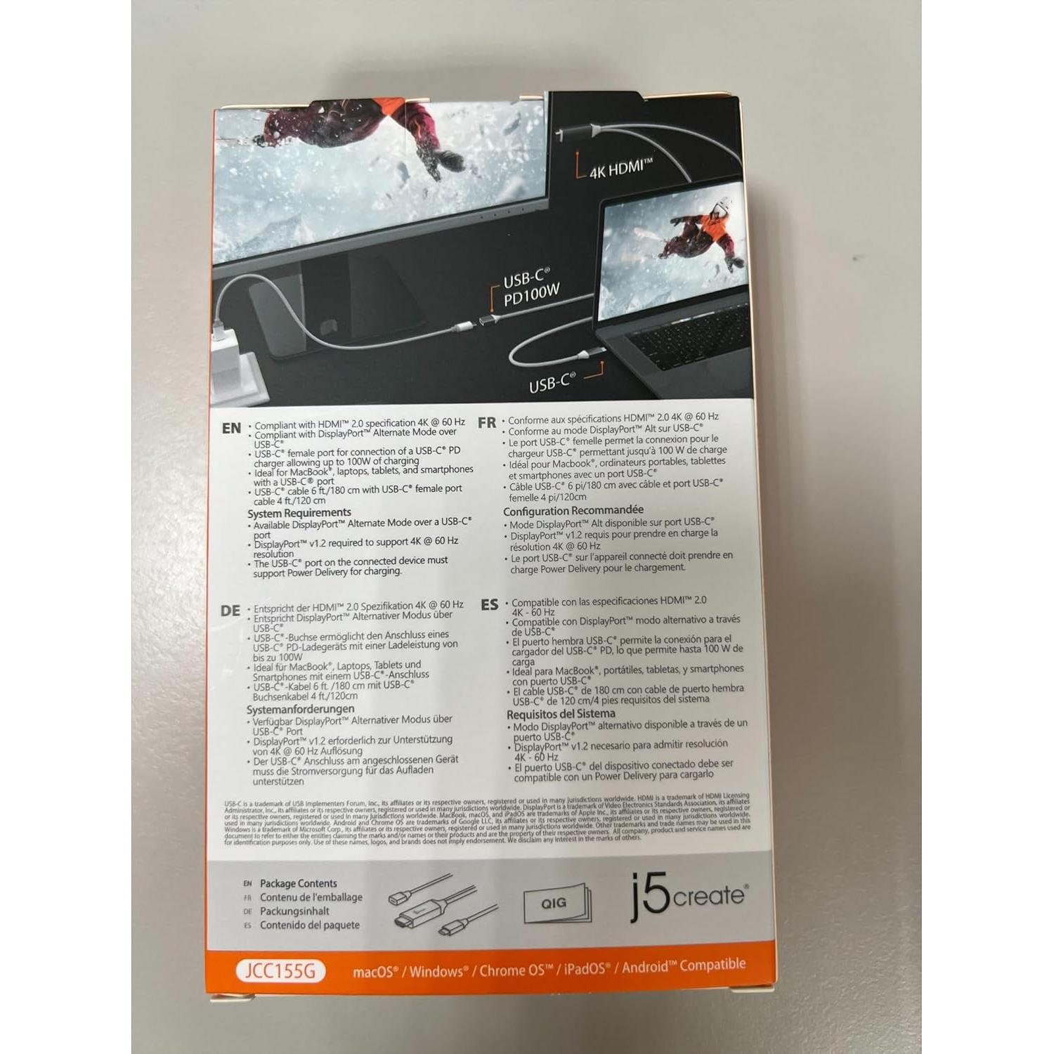 Cable HDMI 4K 60Hz j5create JCC155G USB-C 2 en 1 100W