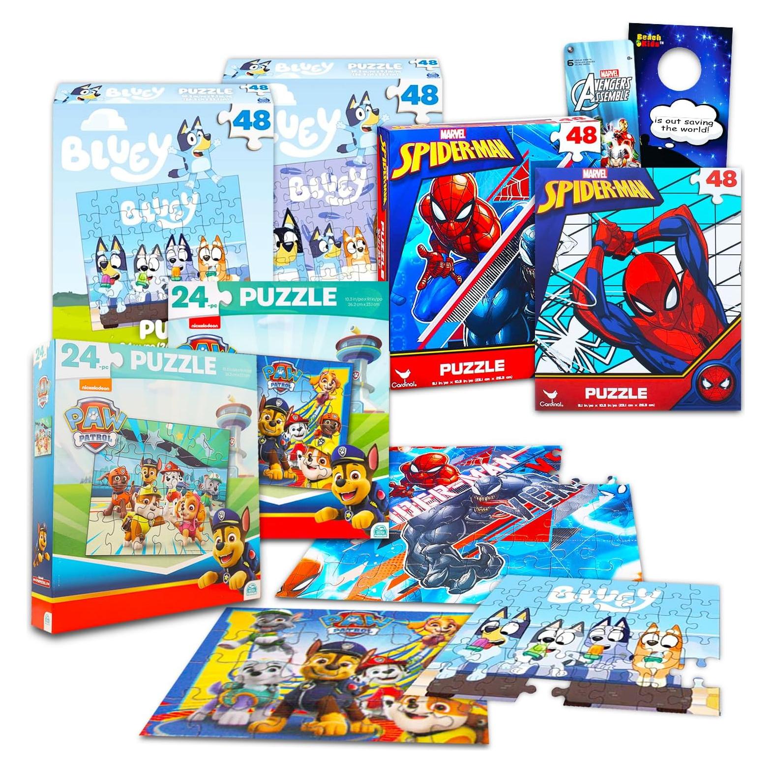 Paquete de 6 Puzzles de 24 Piezas Bluey, Spiderman y Paw Patrol