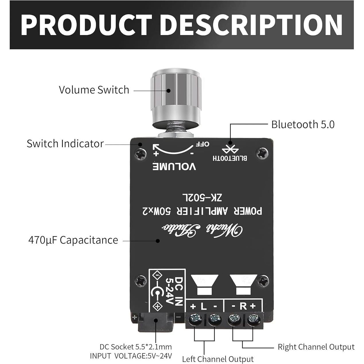 Amplificador de Potencia Clase D Wuzhi ZK-502L Bluetooth 5.0