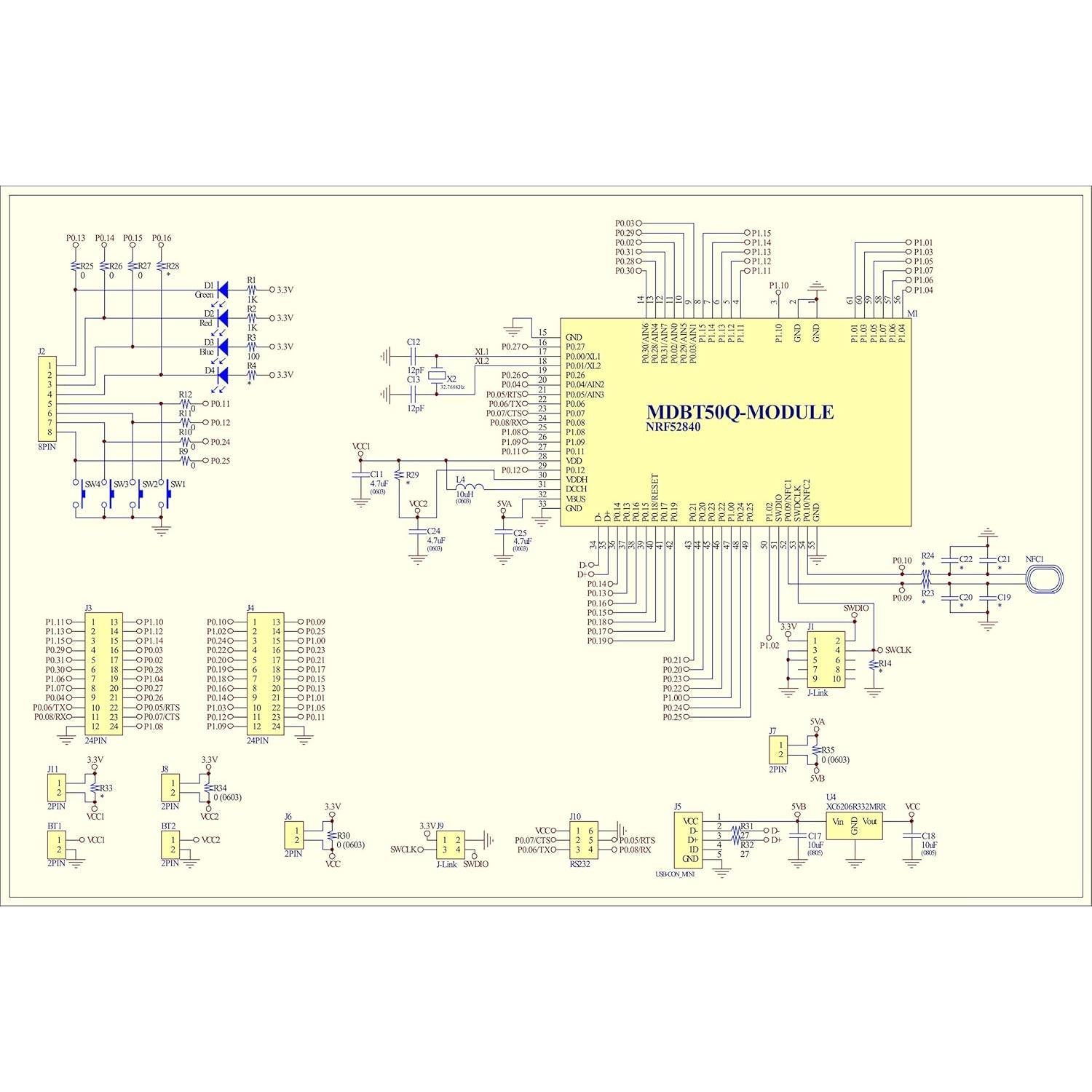 Placa de demostración Raytac MDBT50Q-DB Bluetooth 5.2 48 GPIO