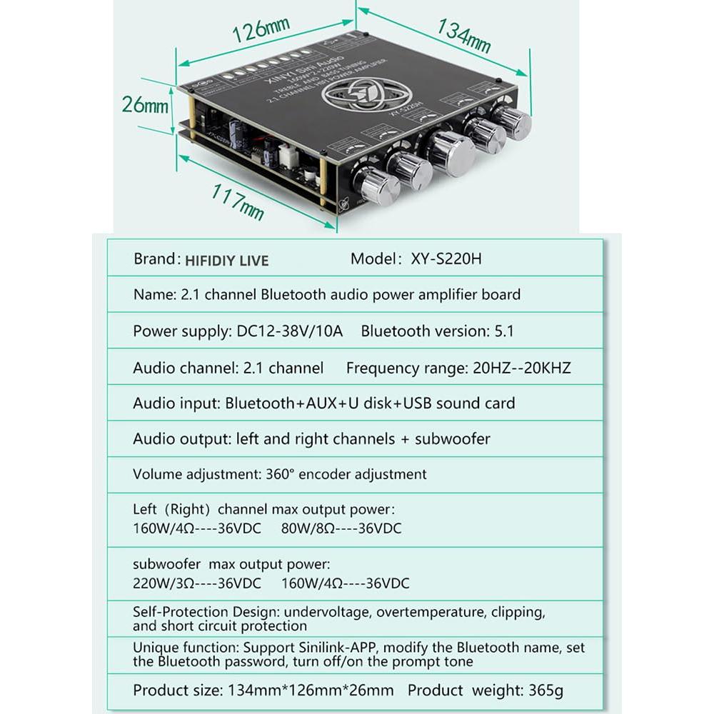 Amplificador de Potencia HIFIDIY LIVE S220H 2.1 Bluetooth 5.0 160W+220W