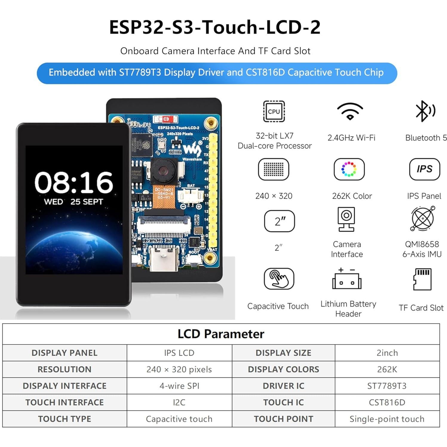 Placa de Desarrollo ESP32-S3 Wonrabai con Pantalla Táctil 2"
