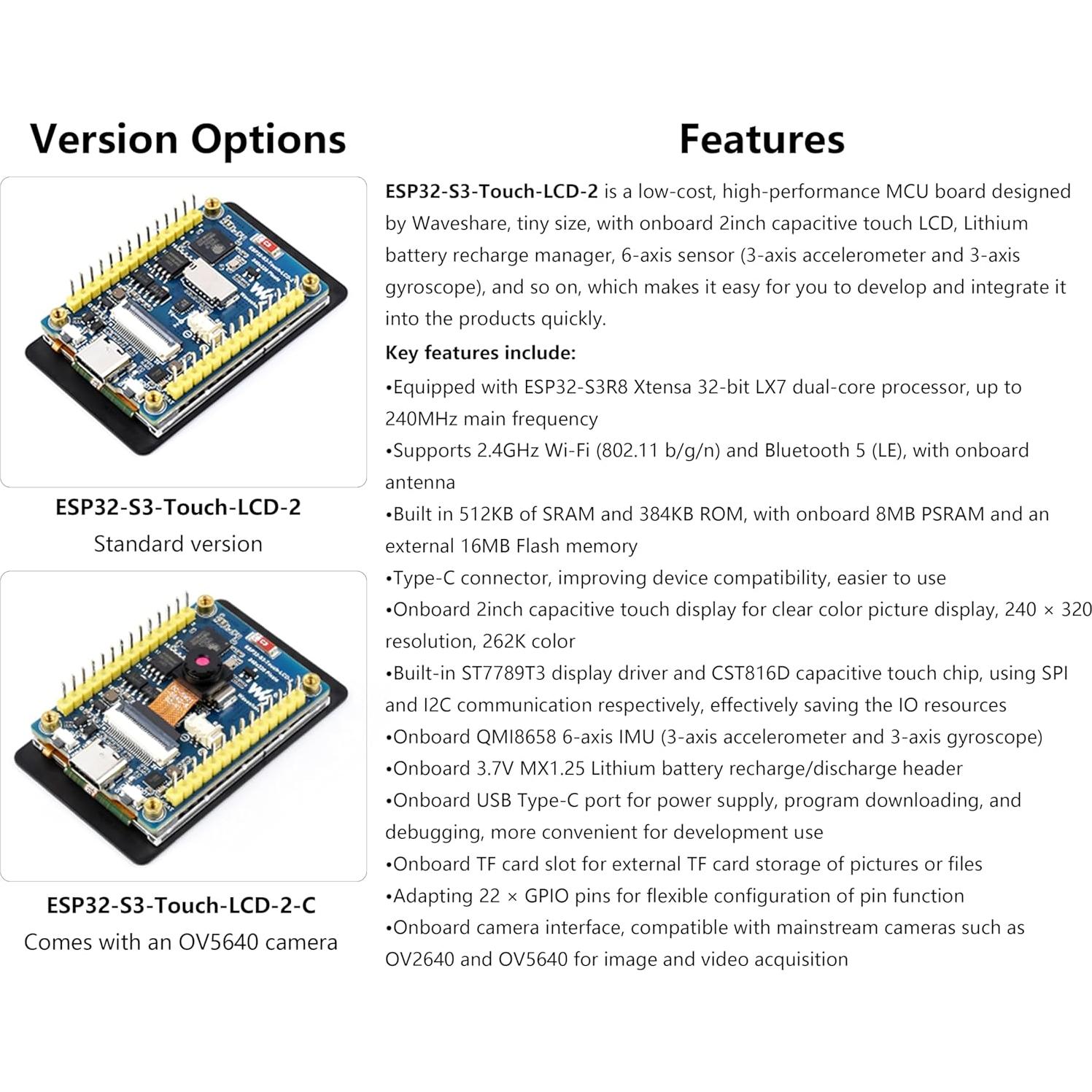 Placa de Desarrollo ESP32-S3 Wonrabai con Pantalla Táctil 2"