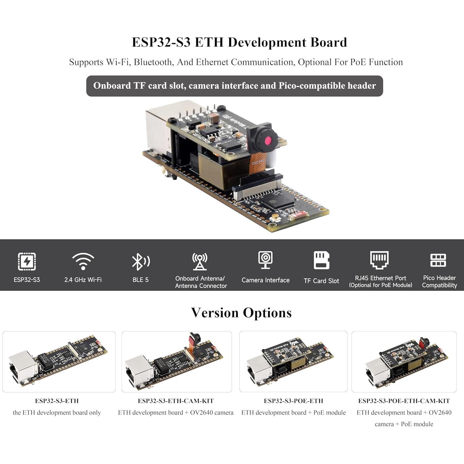 Placa de Desarrollo Ethernet Wonrabai ESP32-S3 con PoE y Cámara OV2640