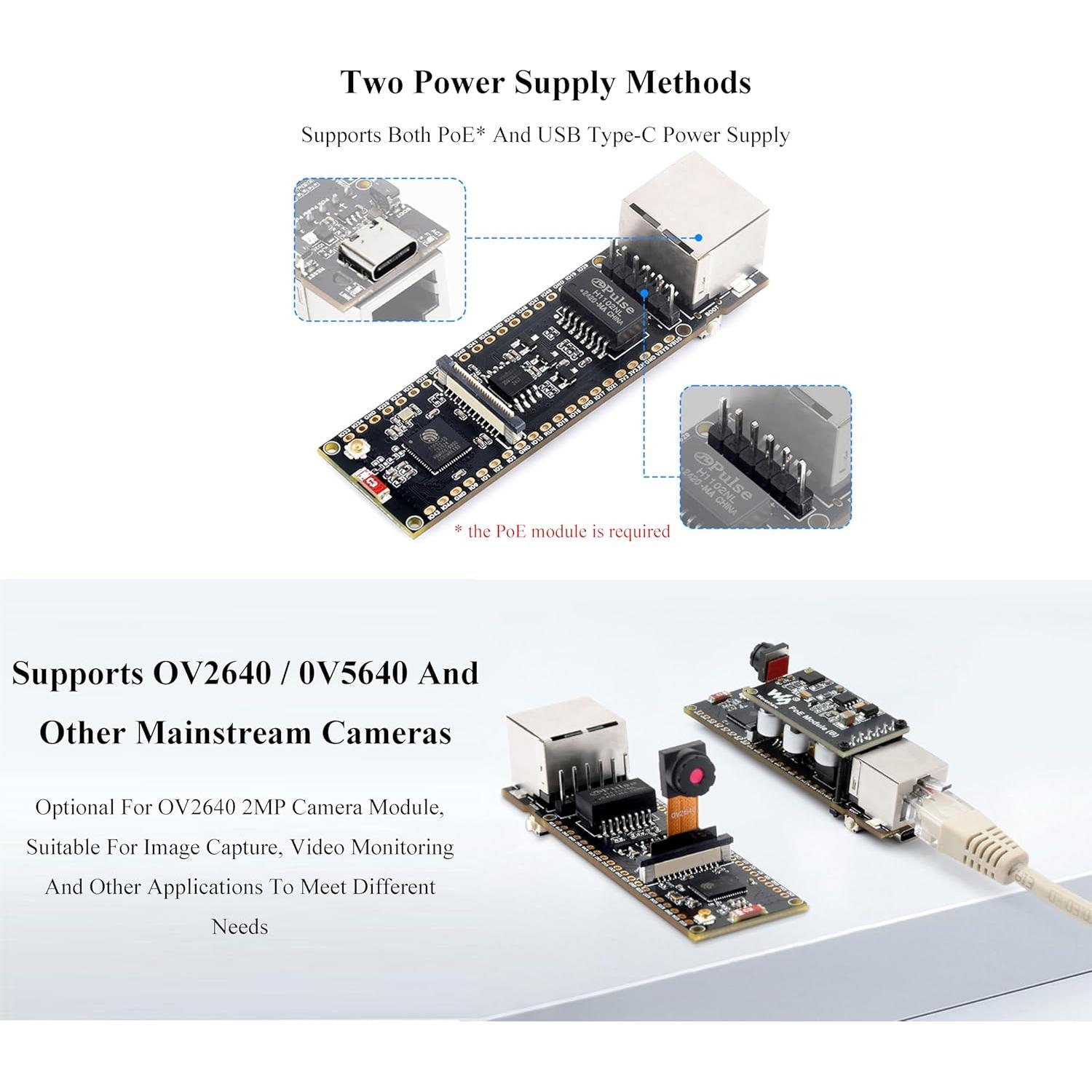 Placa de Desarrollo Ethernet Wonrabai ESP32-S3 con PoE y Cámara OV2640
