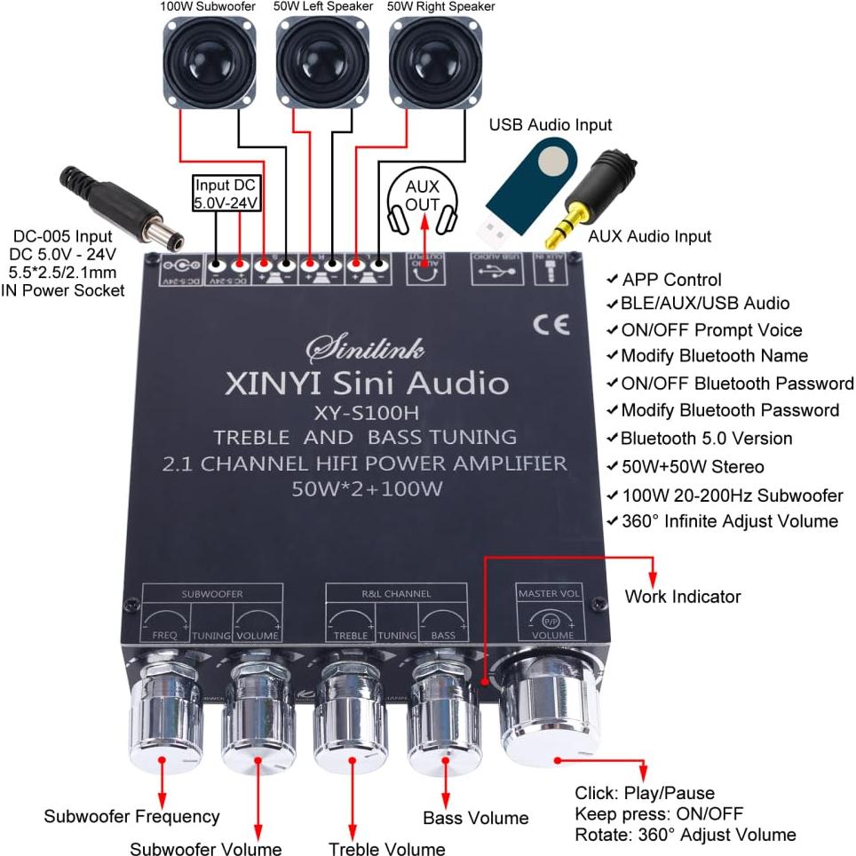 Módulo Amplificador DONGKER XY-S100H 2.1 Bluetooth 50W+100W