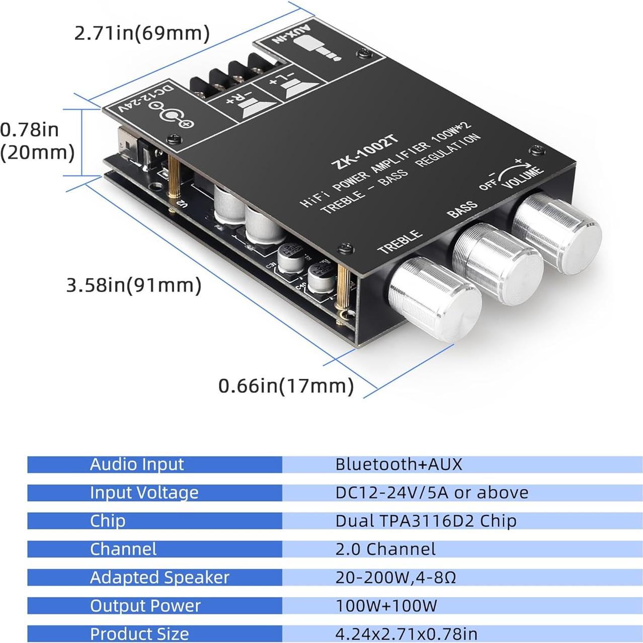 Amplificador de Potencia ZK-1002T 100W+100W Bluetooth AUX