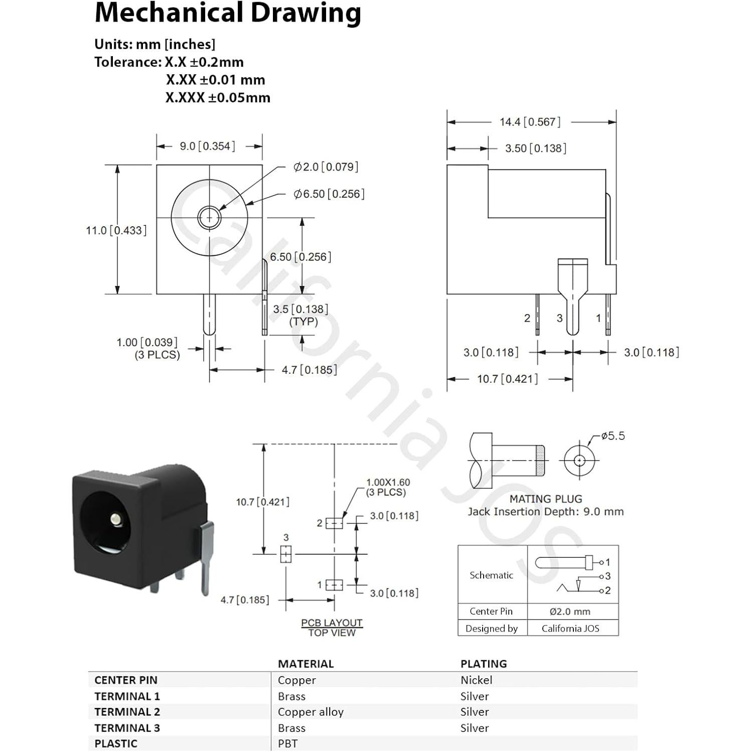 Conector hembra 2.1mm California JOS - 5 PCS para PCB