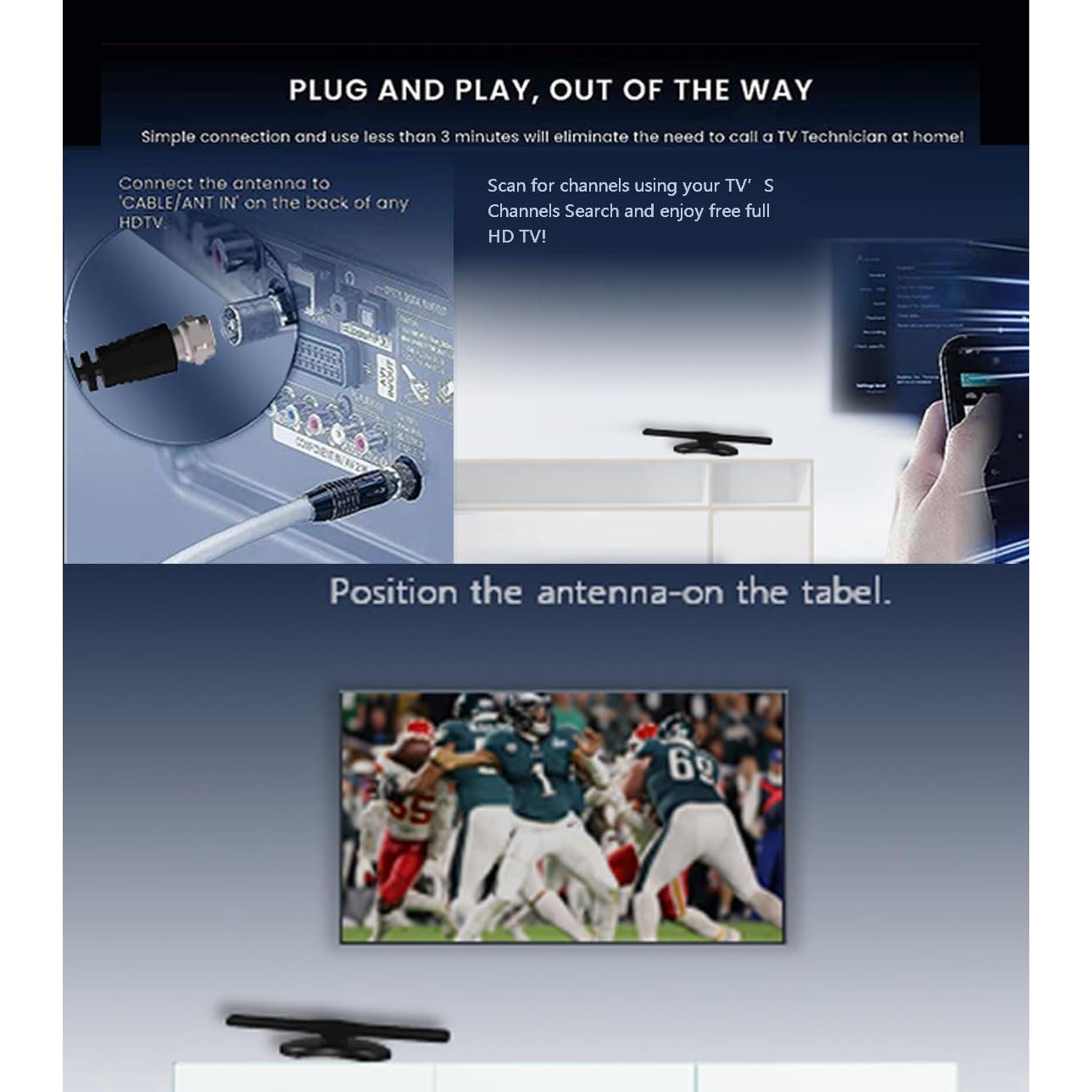 Antena Digital Amplificada ANTIER 321 km 8K 4K HD VHF UHF