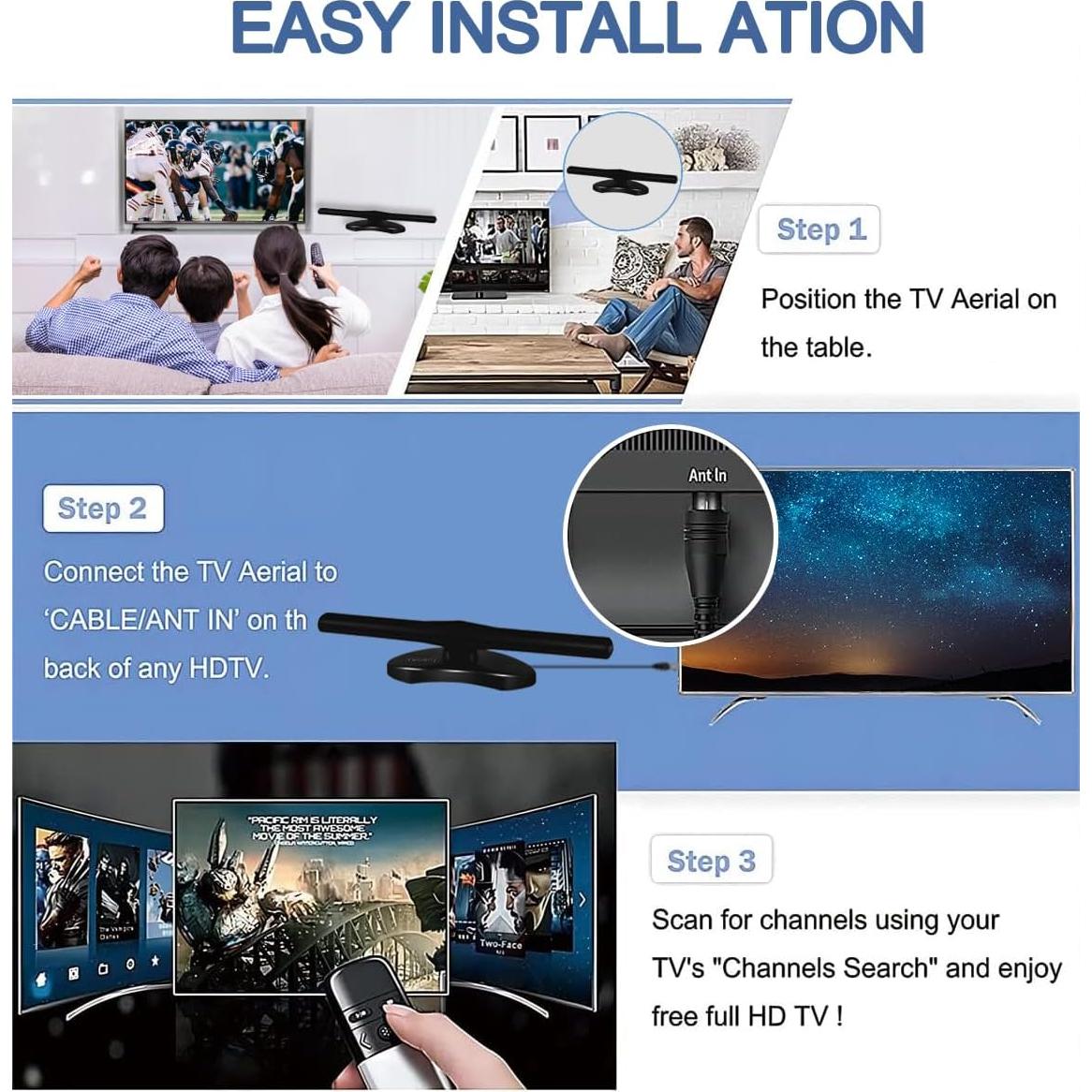 Antena Digital Amplificada ANTIER 321 km 8K 4K HD VHF UHF