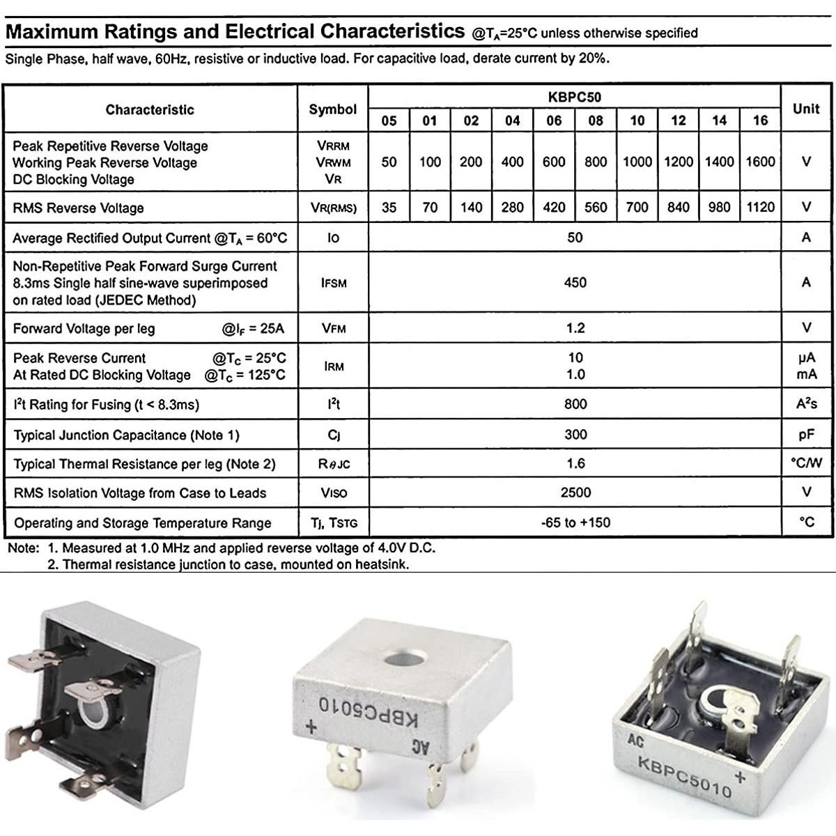 5 Pcs Diodo Rectificador Puente KBPC5010 50A 1000V Monofásico