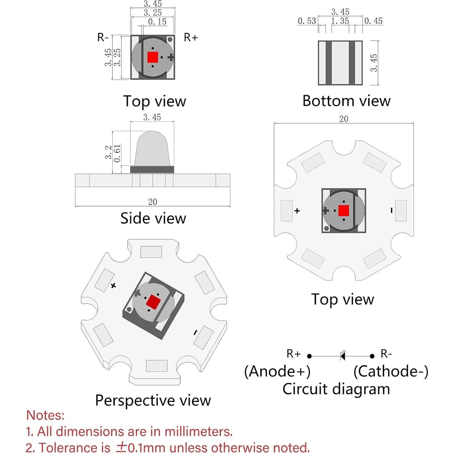 5 Piezas LED Rojo 620nm 3W SMD 3535 LEDGUHON con PCB 20mm