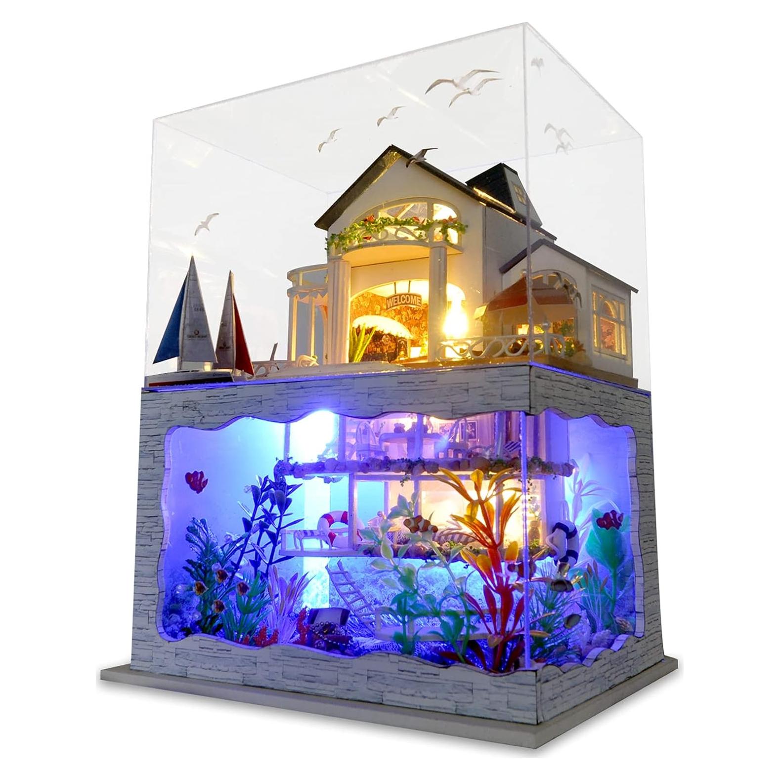 GuDoQi Kit Casa de Muñecas Miniatura DIY Bungalow Playa 1:24