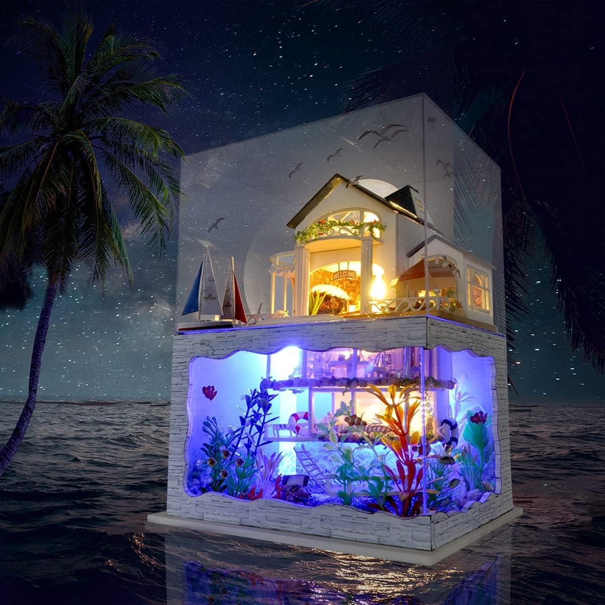 GuDoQi Kit Casa de Muñecas Miniatura DIY Bungalow Playa 1:24