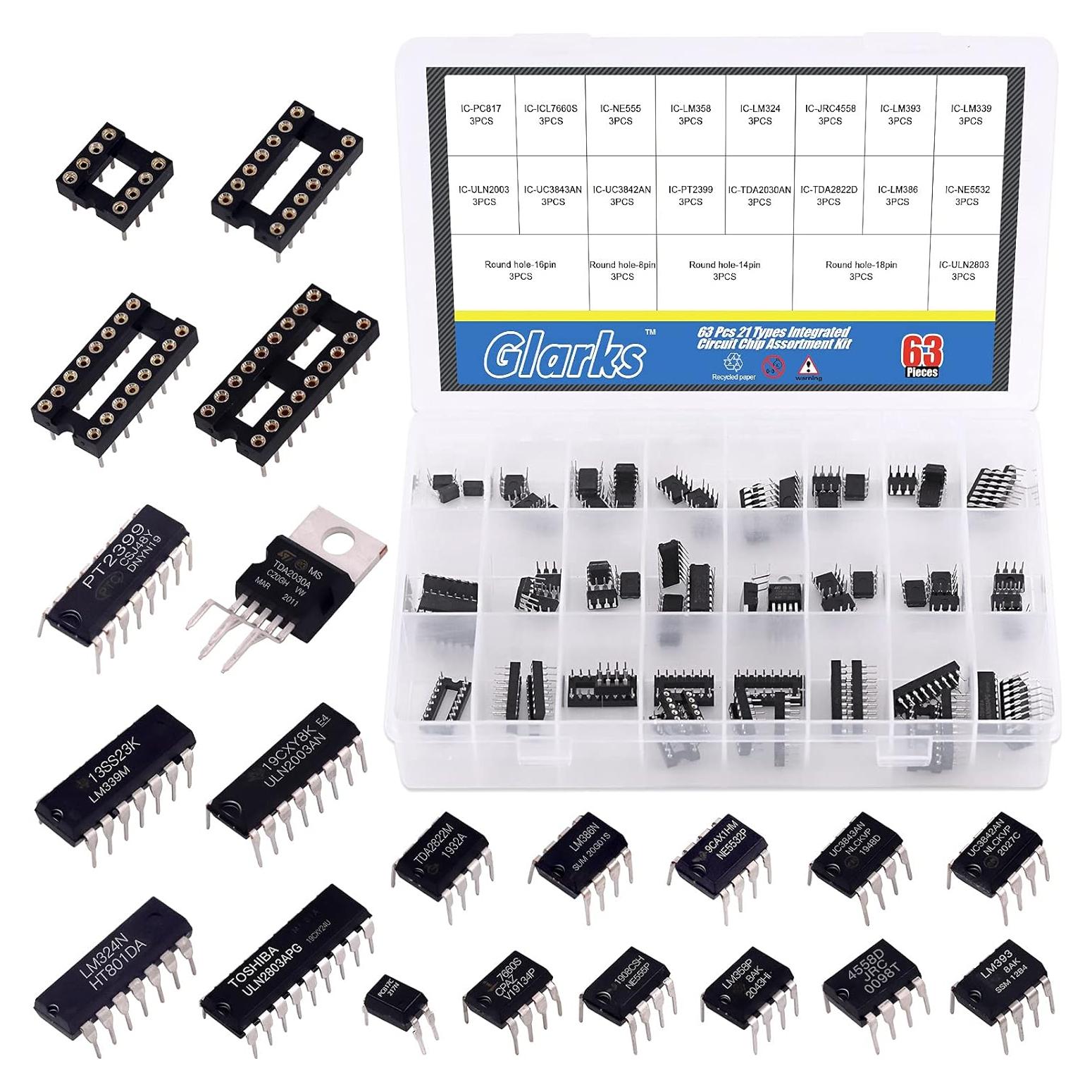 Kit 63 Chips IC Glarks LM358 LM324 LM386 y Zócalos DIP