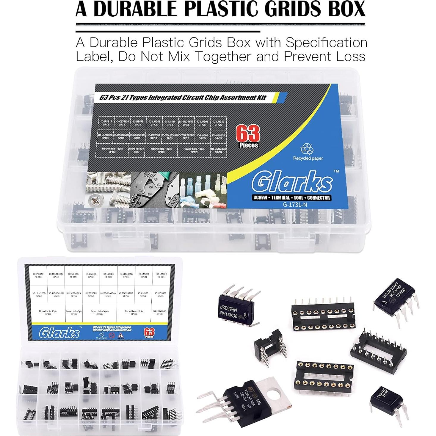 Kit 63 Chips IC Glarks LM358 LM324 LM386 y Zócalos DIP