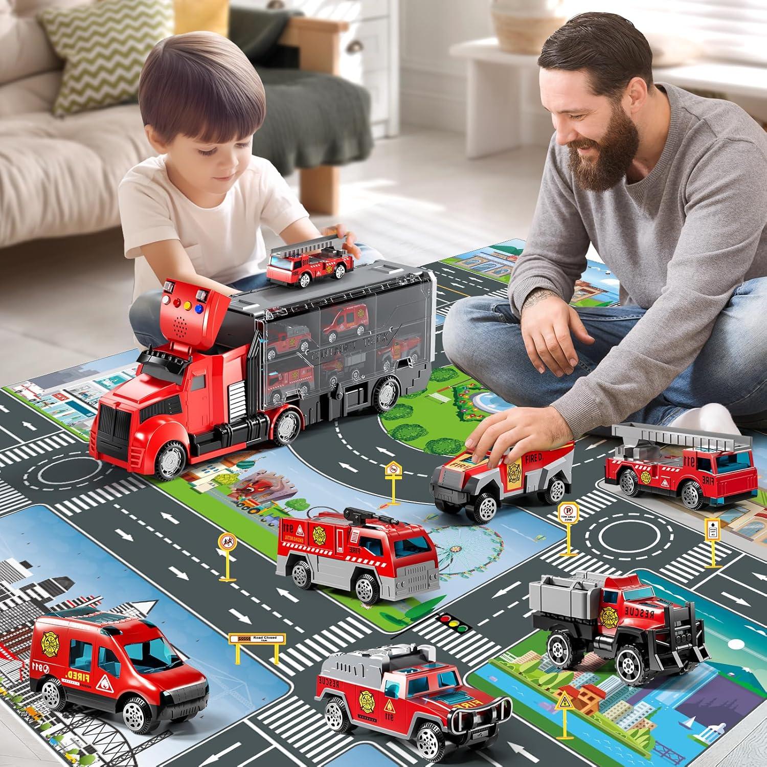 Juego de Camiones de Bomberos NIPLOOOW con Alfombrilla 81x69cm