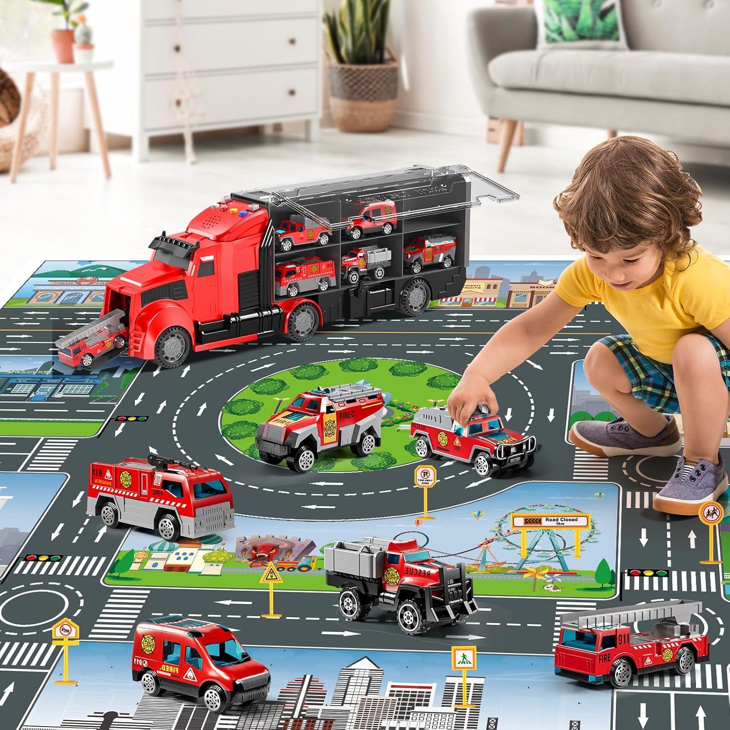 Juego de Camiones de Bomberos NIPLOOOW con Alfombrilla 81x69cm