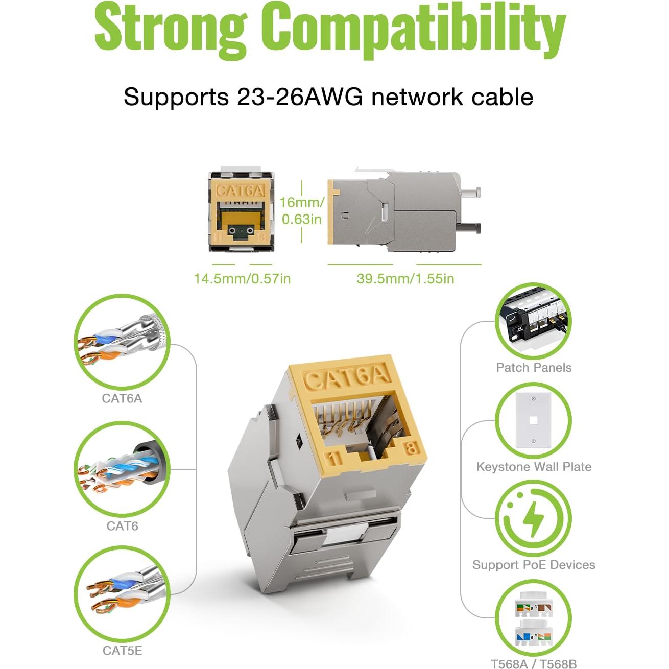 Paquete de 6 Jack Keystone RJ45 Cat6A 10Gbps LEENUE Amarillo