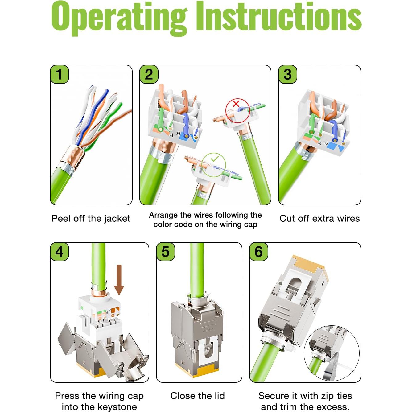 Paquete de 6 Jack Keystone RJ45 Cat6A 10Gbps LEENUE Amarillo
