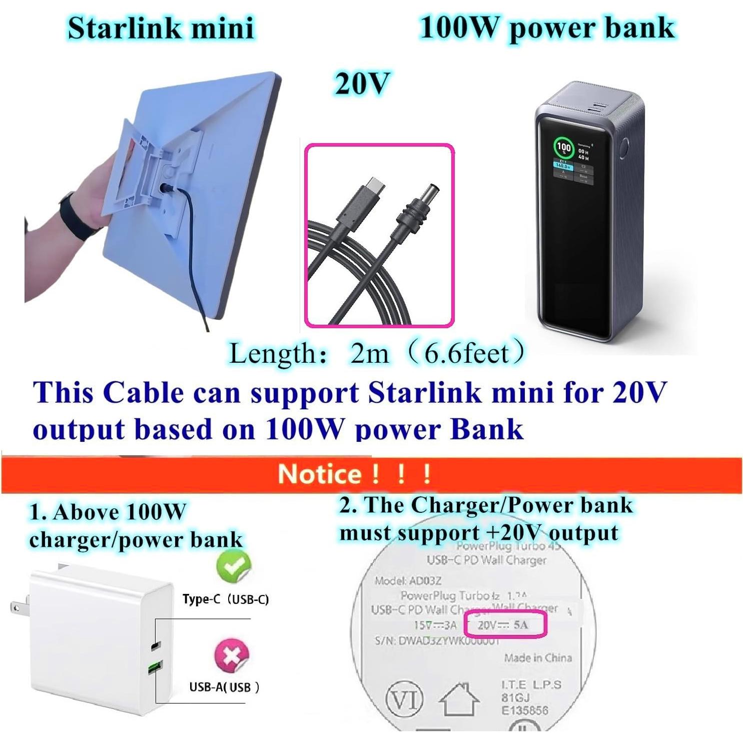 Cable de Alimentación USB-C a DC 20V 5A para Starlink Mini