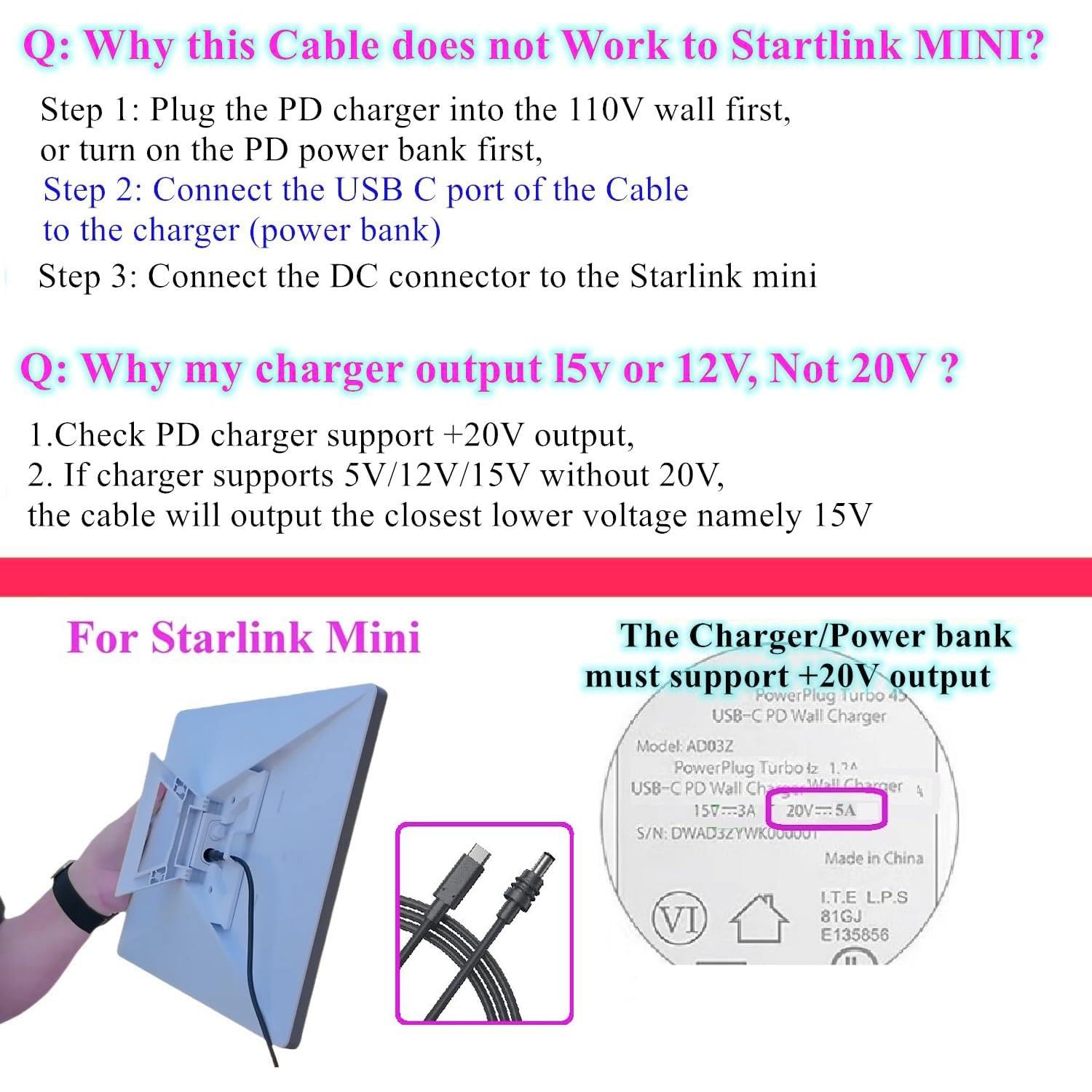 Cable de Alimentación USB-C a DC 20V 5A para Starlink Mini