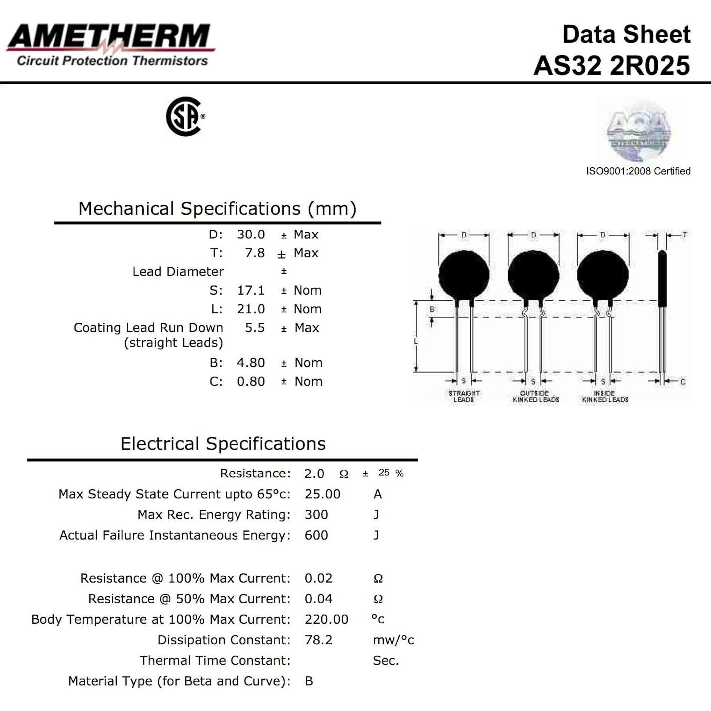 Termistor Ametherm AS32 2R025 Paquete de 2 2 Ohmios