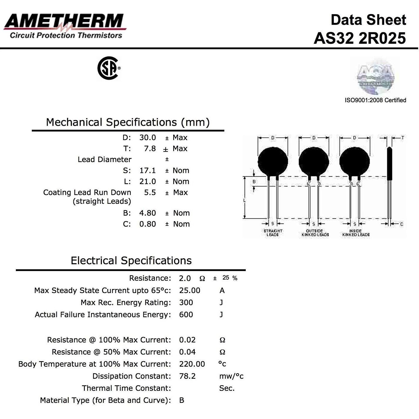 Termistor Ametherm AS32 2R025 Paquete de 2 2 Ohmios