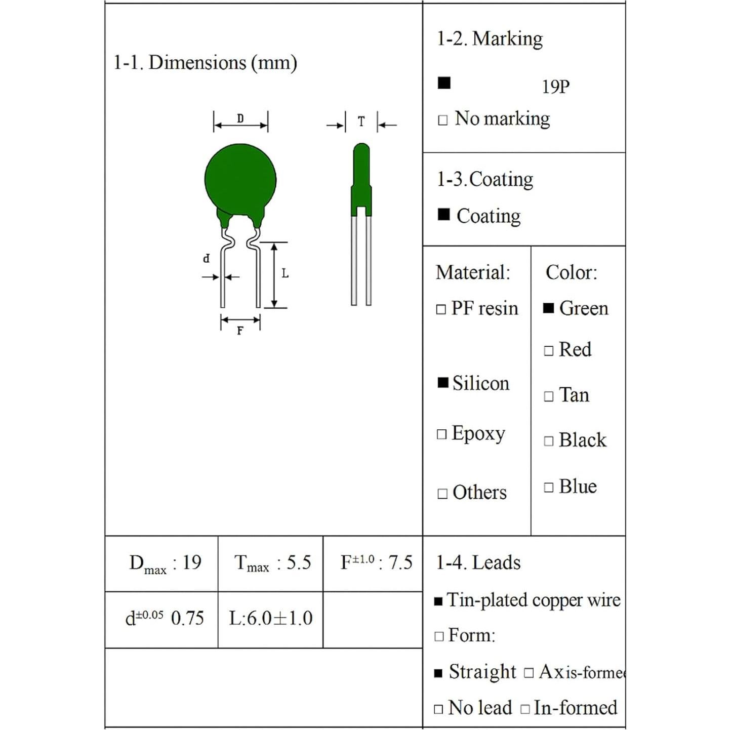 10 Piezas Termistor PTC 19P 100Ω JEBHANNE para Protección