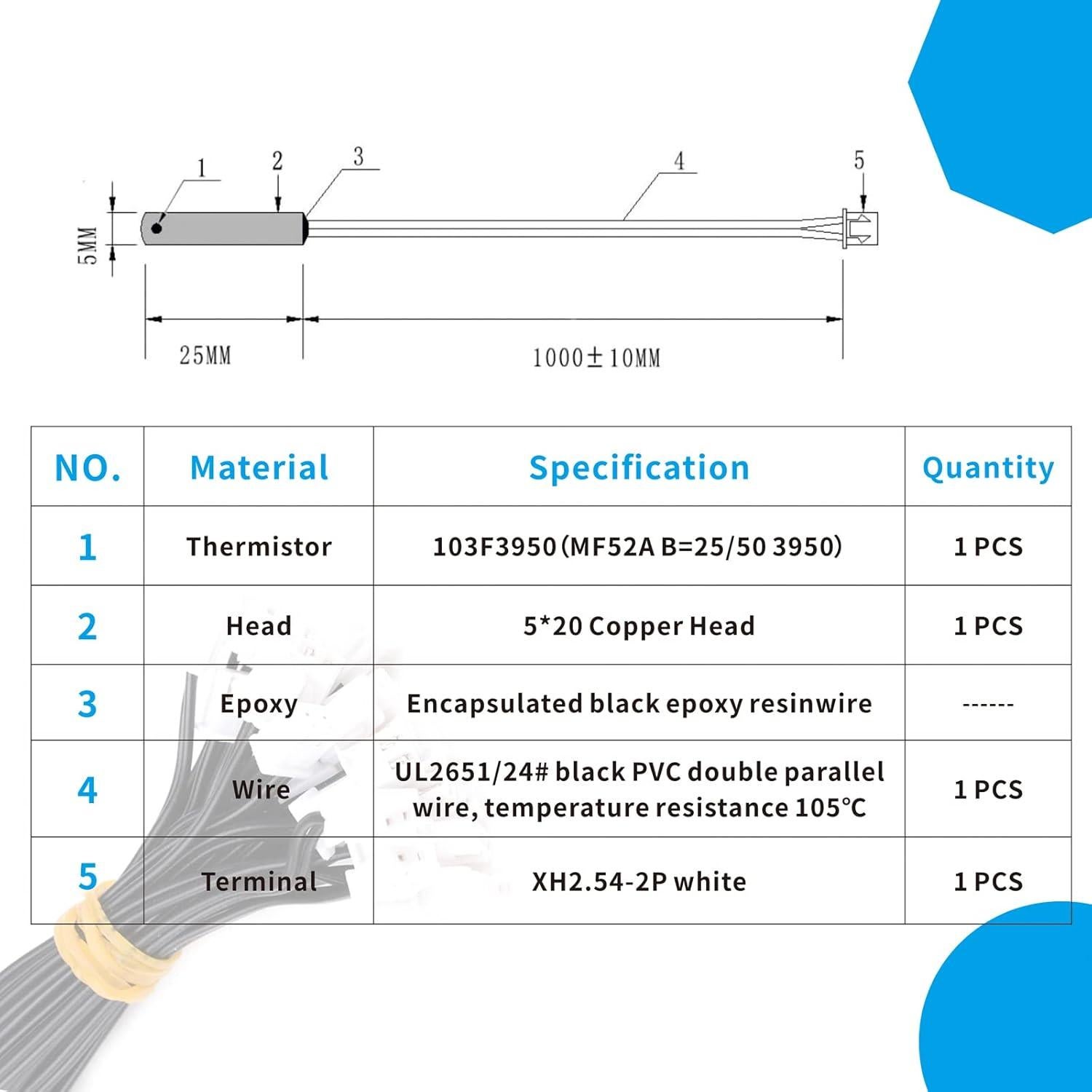 Termistor NTC 10K KOKISO Sensor de Temperatura 1m Acero Inoxidable