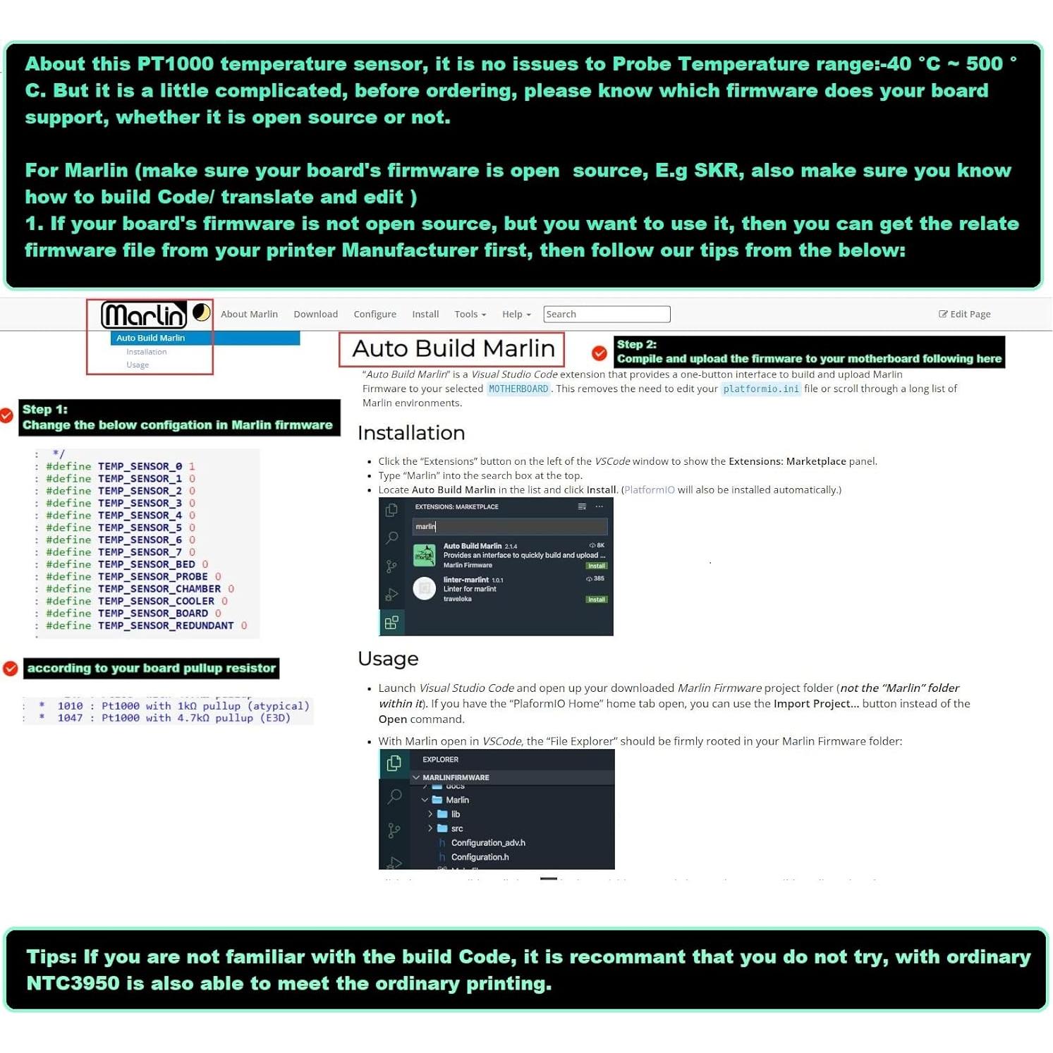 Sonda de Temperatura PT1000 Aimengda 1.5m para Impresora 3D