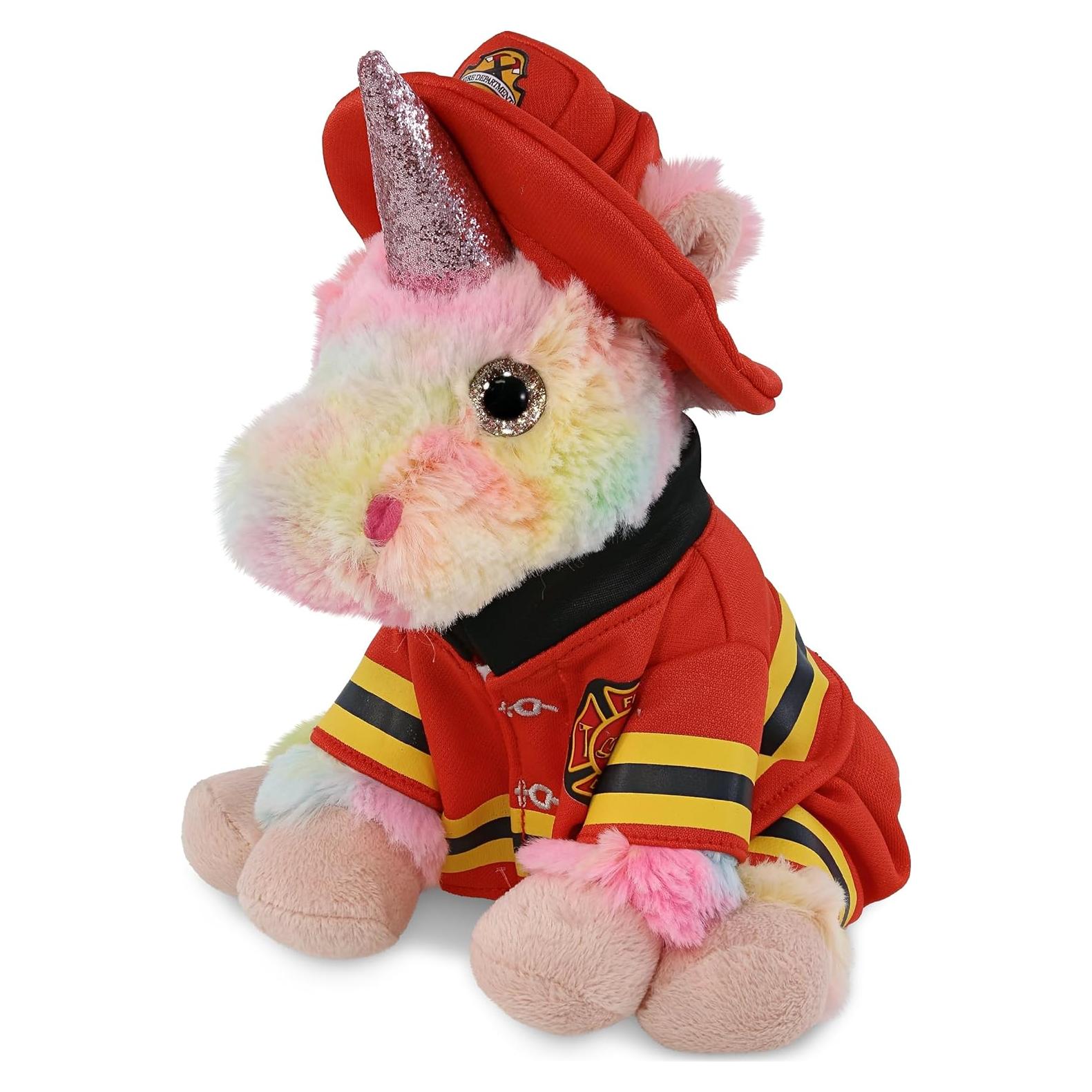 DolliBu Rainbow Unicorn Firefighter Stuffed Animal with Name Personalization - Super Soft Unicorn with Red Fireman Costume Outfit and Fireman Hat, Cute Fire Fighter Doll Plush Toy for Kids - 9 Inch