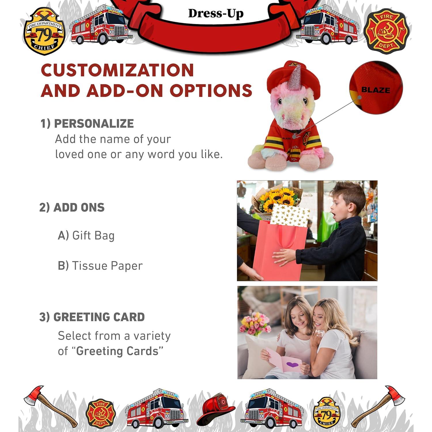 DolliBu Rainbow Unicorn Firefighter Stuffed Animal with Name Personalization - Super Soft Unicorn with Red Fireman Costume Outfit and Fireman Hat, Cute Fire Fighter Doll Plush Toy for Kids - 9 Inch