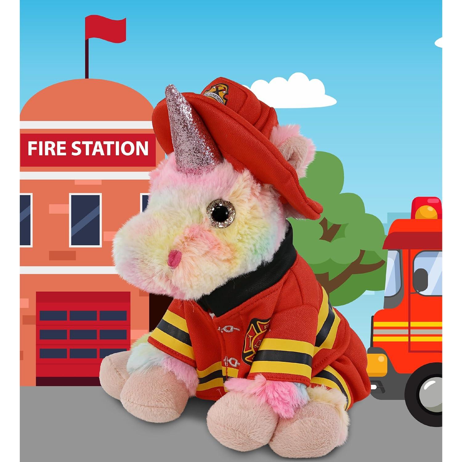 DolliBu Rainbow Unicorn Firefighter Stuffed Animal with Name Personalization - Super Soft Unicorn with Red Fireman Costume Outfit and Fireman Hat, Cute Fire Fighter Doll Plush Toy for Kids - 9 Inch