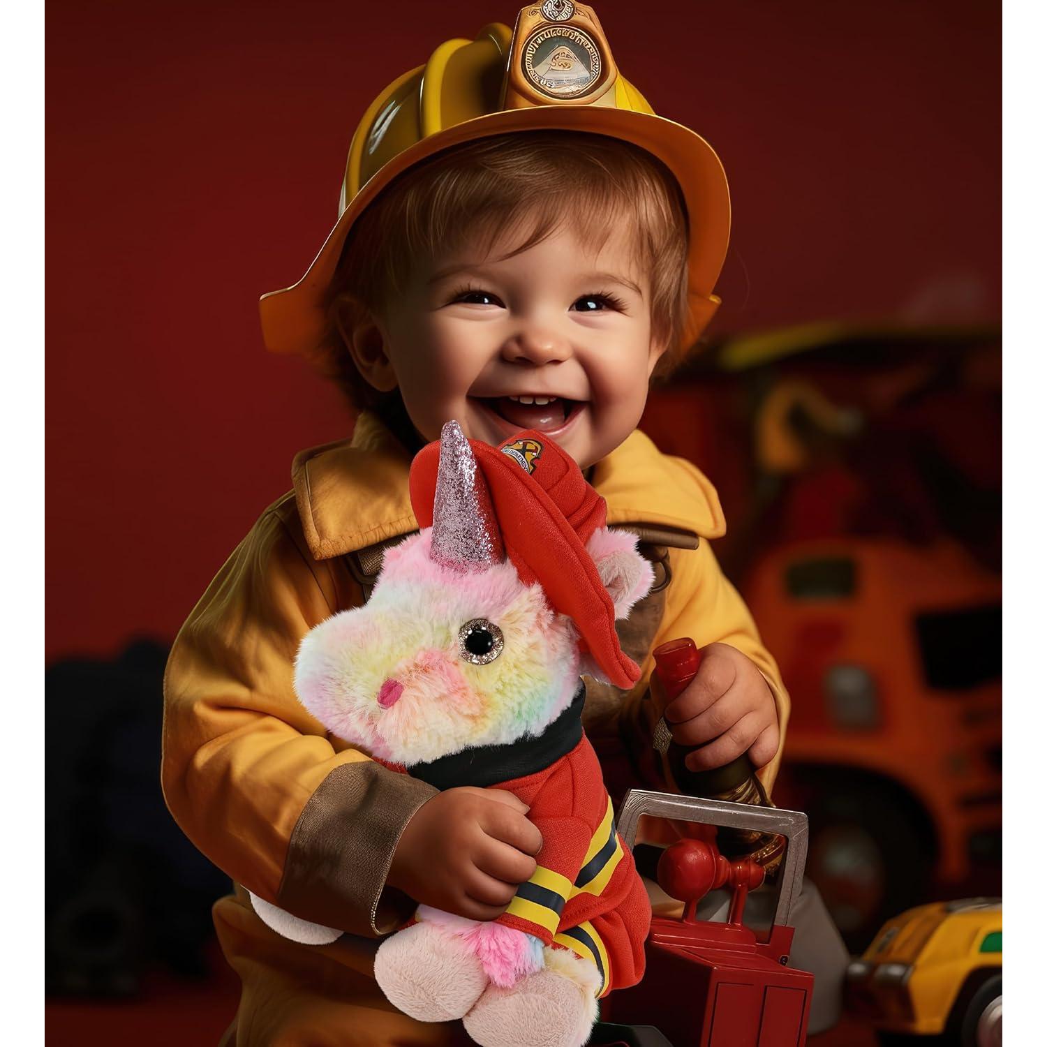 DolliBu Rainbow Unicorn Firefighter Stuffed Animal with Name Personalization - Super Soft Unicorn with Red Fireman Costume Outfit and Fireman Hat, Cute Fire Fighter Doll Plush Toy for Kids - 9 Inch