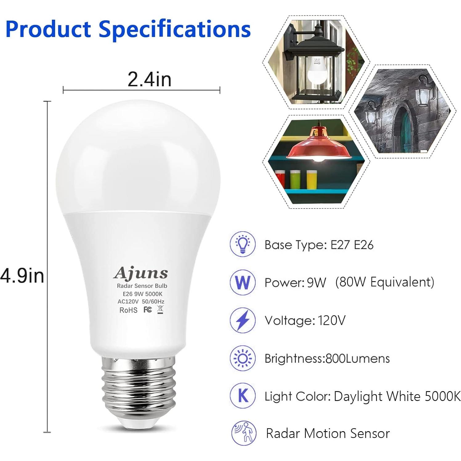 Bombilla LED Ajuns A19 9W con Sensor de Movimiento Radar E26