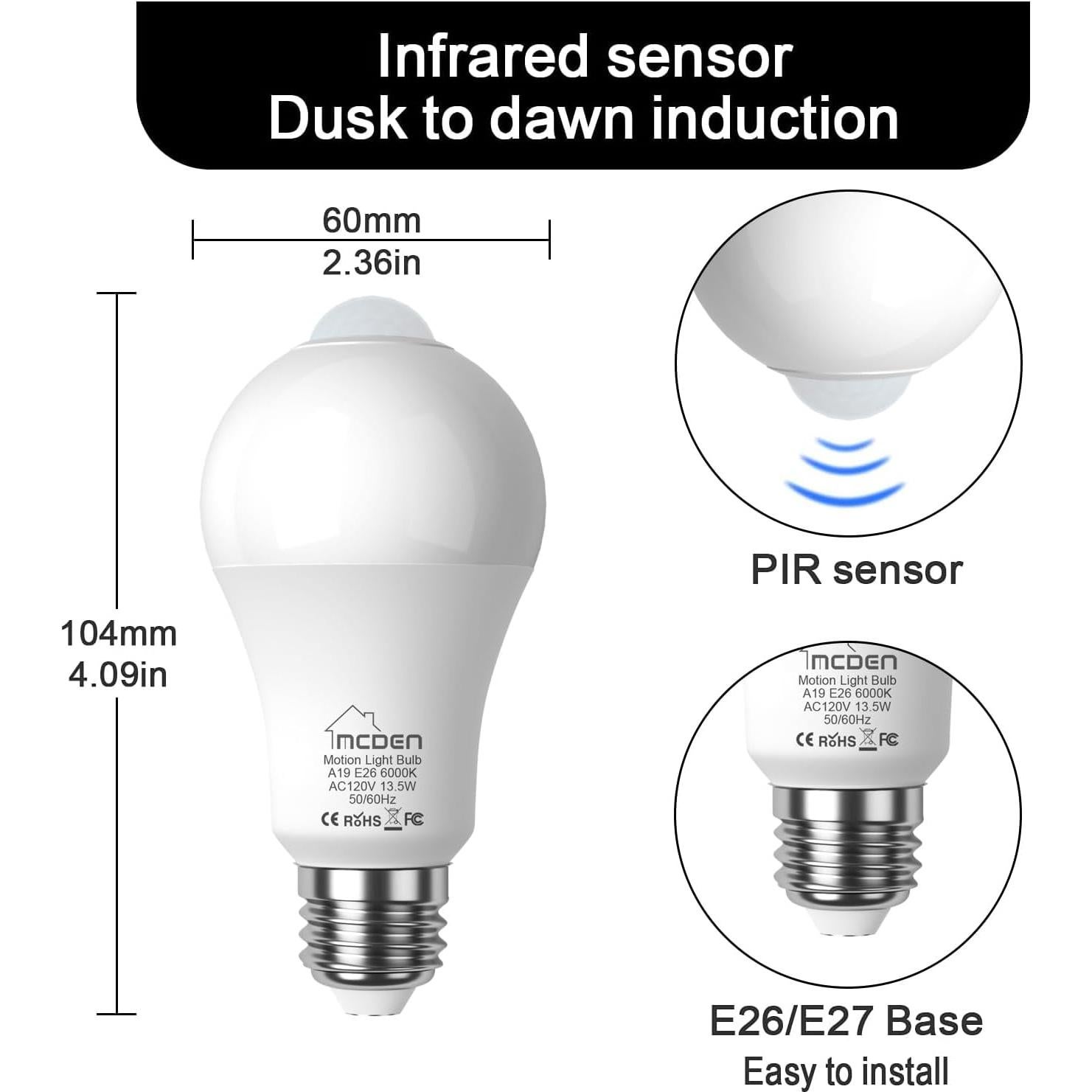 Bombilla LED McDen con Sensor de Movimiento E26 6000K 4 Pzas