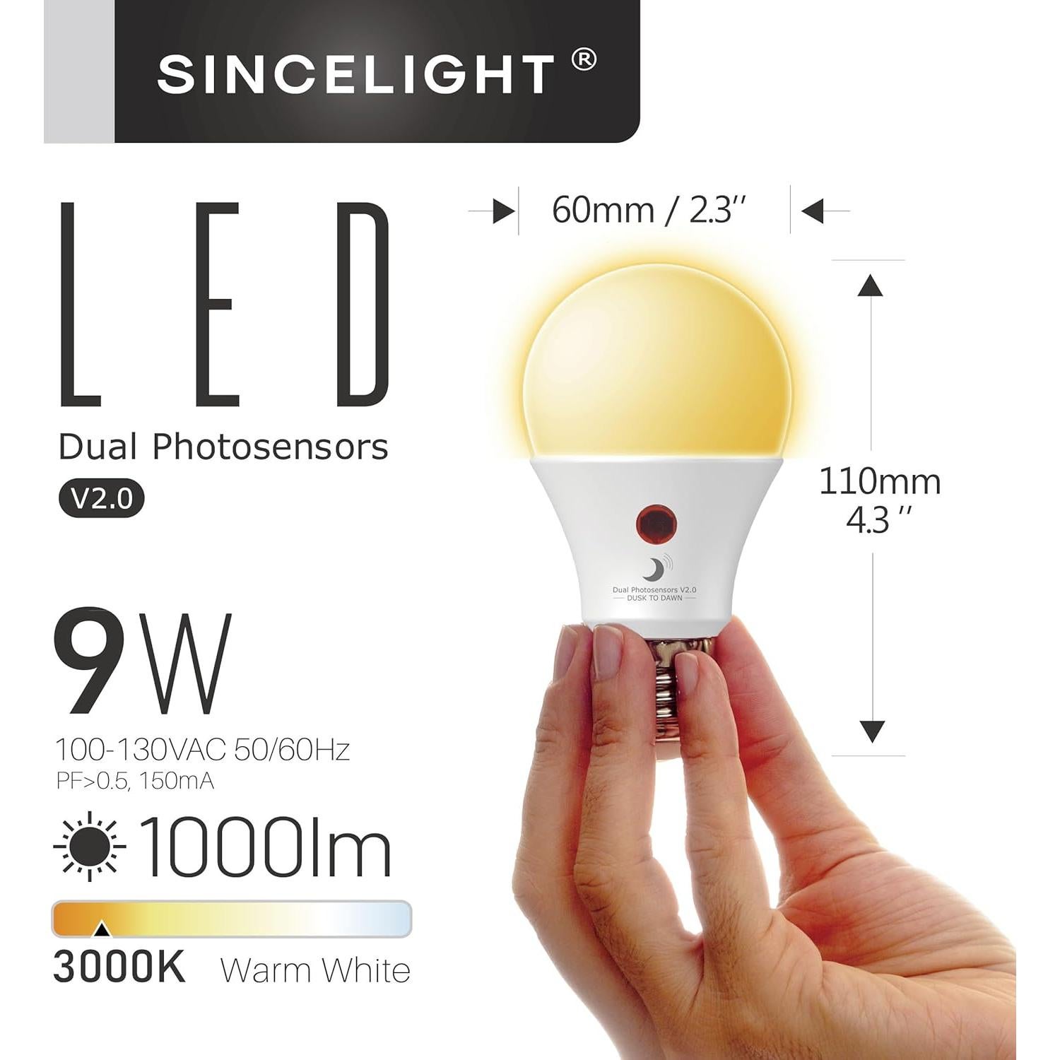 Bombilla LED SINCELIGHT Crepúsculo a Amanecer 9W 3000K - Paquete de 2