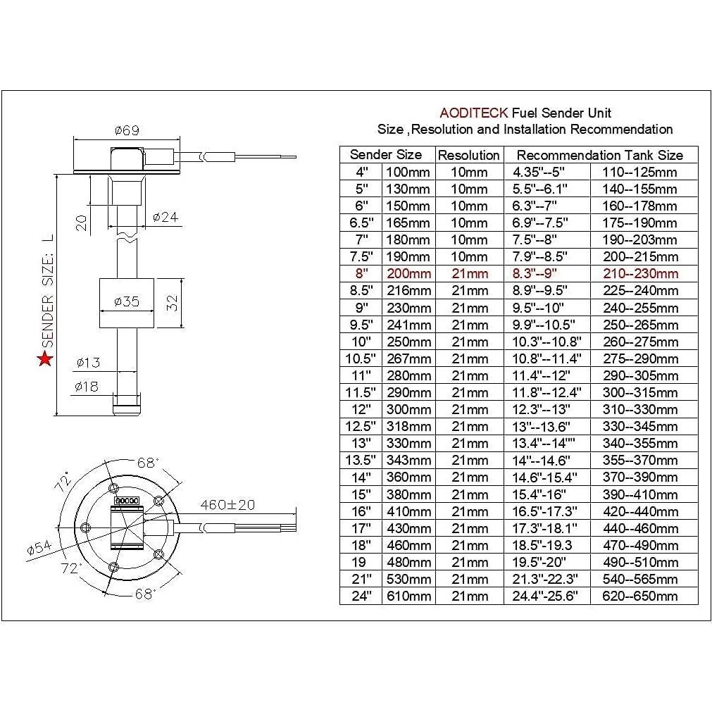 Sensor de Nivel de Combustible AODITECK 8" 240-33 Ohmios