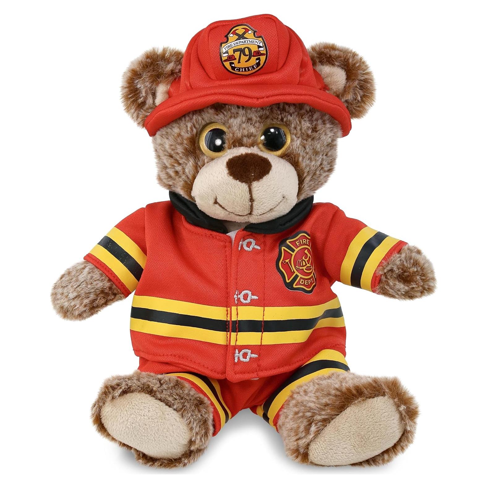 DolliBu Sitting Brown Bear Firefighter Stuffed Animal with Name Personalization - Super Soft Bear with Red Fireman Costume Outfit and Fireman Hat, Cute Fire Fighter Doll Plush Toy for Kids - 9 Inch