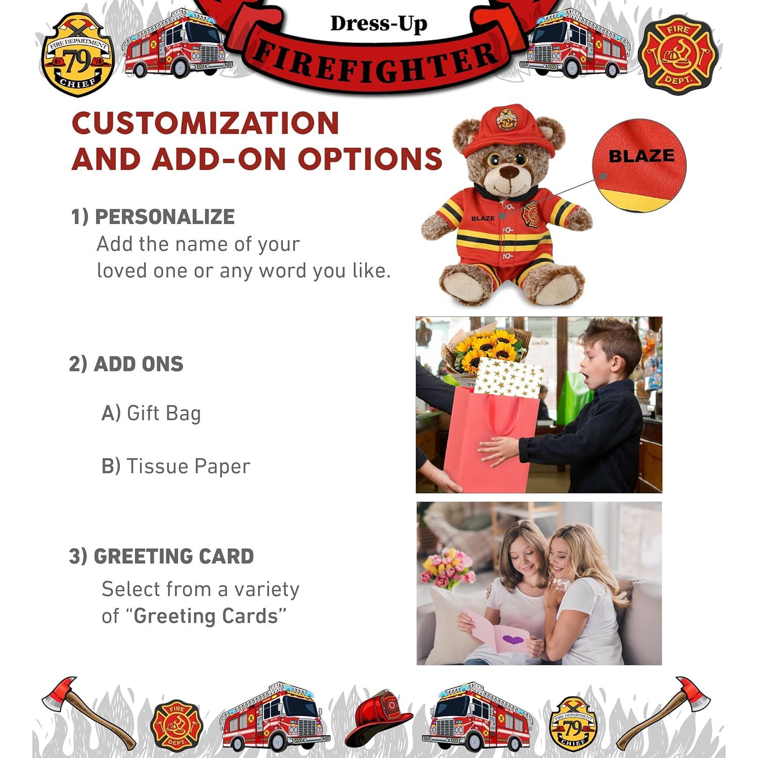 DolliBu Sitting Brown Bear Firefighter Stuffed Animal with Name Personalization - Super Soft Bear with Red Fireman Costume Outfit and Fireman Hat, Cute Fire Fighter Doll Plush Toy for Kids - 9 Inch