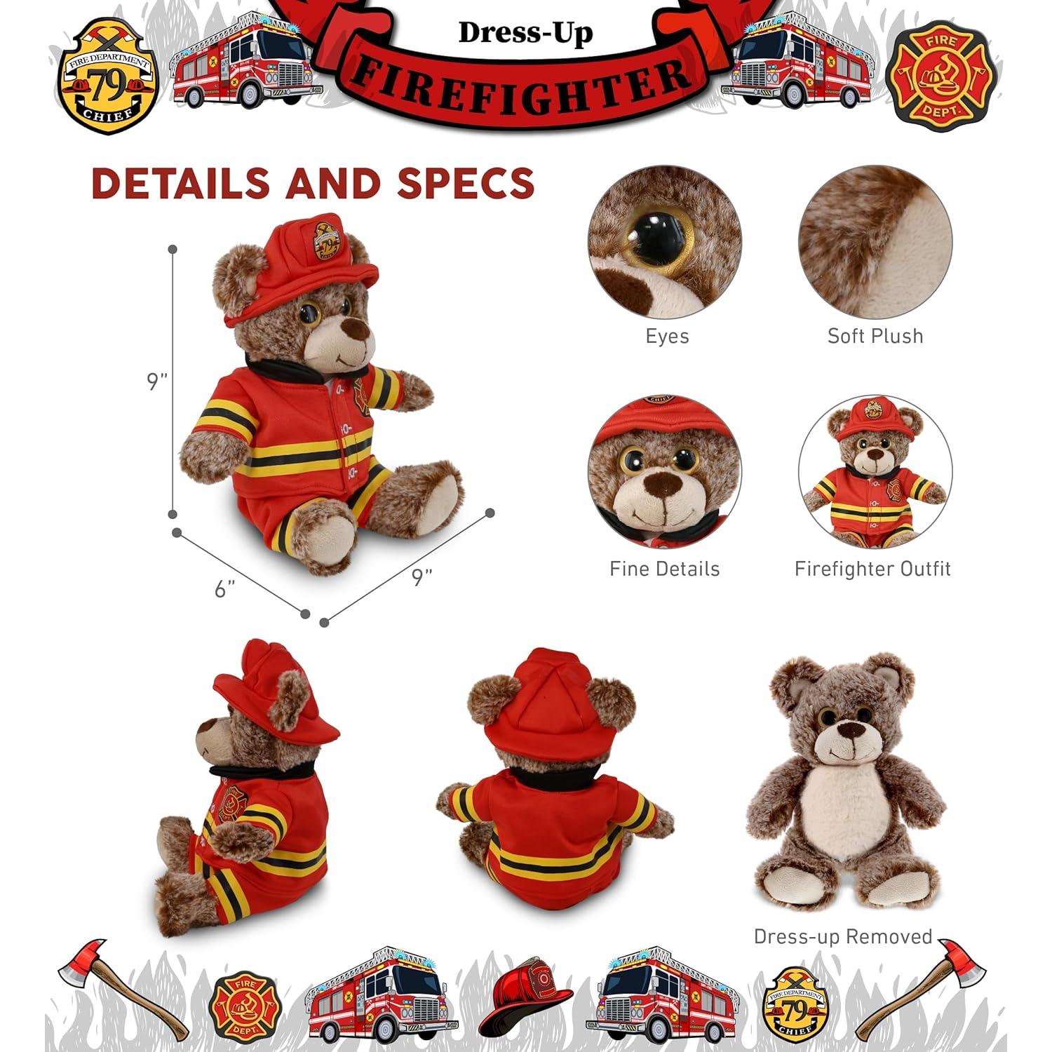 DolliBu Sitting Brown Bear Firefighter Stuffed Animal with Name Personalization - Super Soft Bear with Red Fireman Costume Outfit and Fireman Hat, Cute Fire Fighter Doll Plush Toy for Kids - 9 Inch