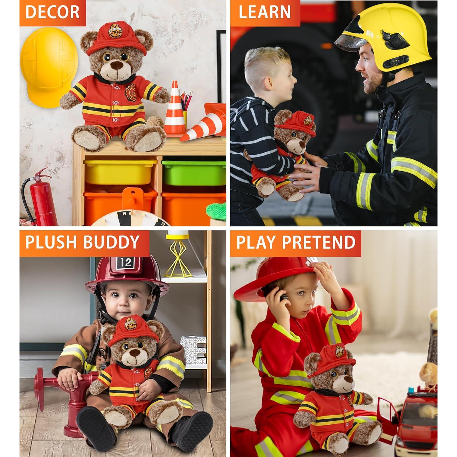 DolliBu Sitting Brown Bear Firefighter Stuffed Animal with Name Personalization - Super Soft Bear with Red Fireman Costume Outfit and Fireman Hat, Cute Fire Fighter Doll Plush Toy for Kids - 9 Inch