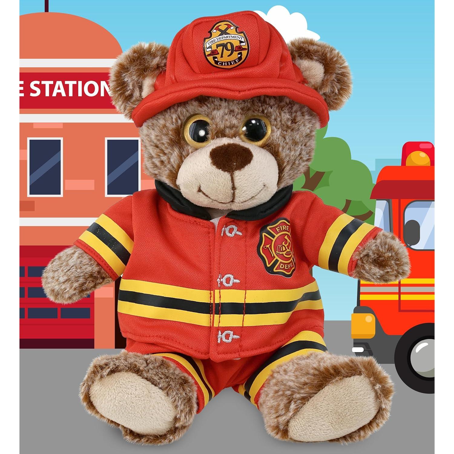 DolliBu Sitting Brown Bear Firefighter Stuffed Animal with Name Personalization - Super Soft Bear with Red Fireman Costume Outfit and Fireman Hat, Cute Fire Fighter Doll Plush Toy for Kids - 9 Inch
