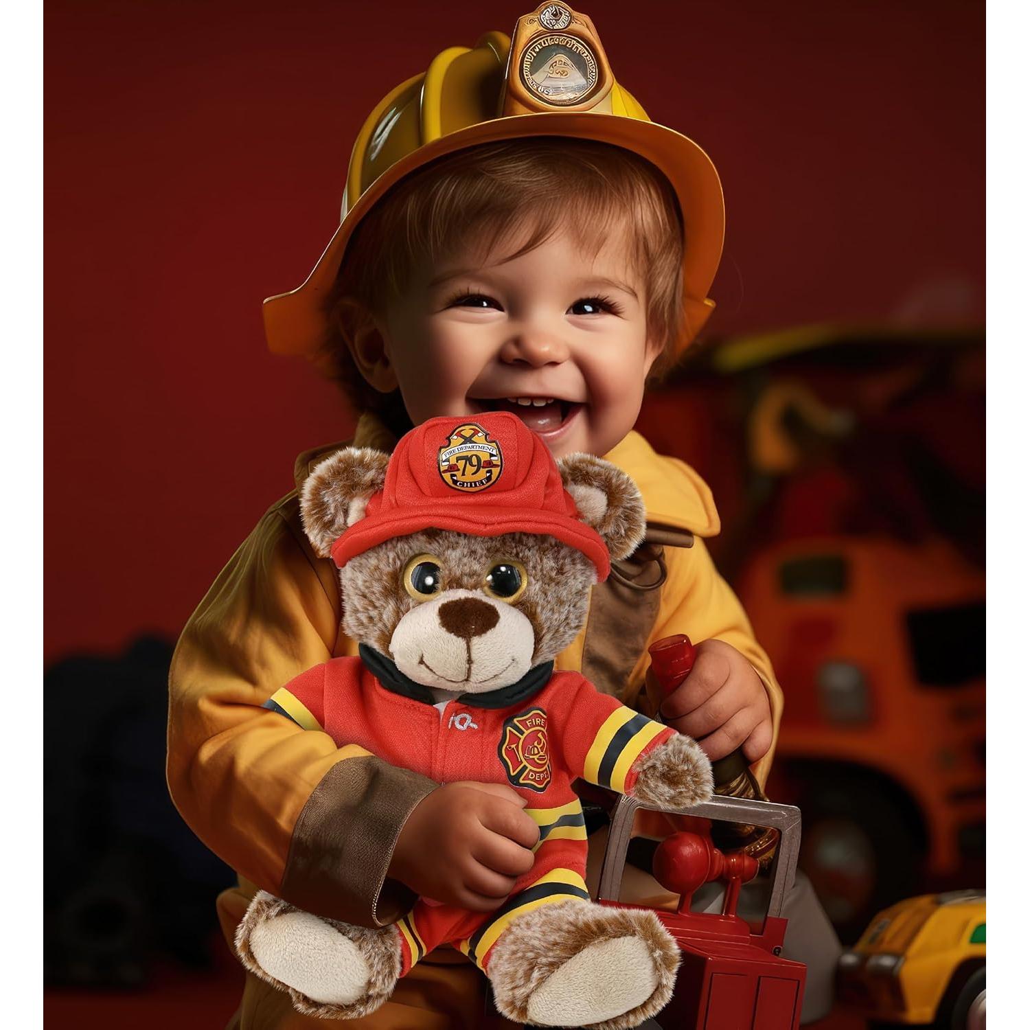 DolliBu Sitting Brown Bear Firefighter Stuffed Animal with Name Personalization - Super Soft Bear with Red Fireman Costume Outfit and Fireman Hat, Cute Fire Fighter Doll Plush Toy for Kids - 9 Inch