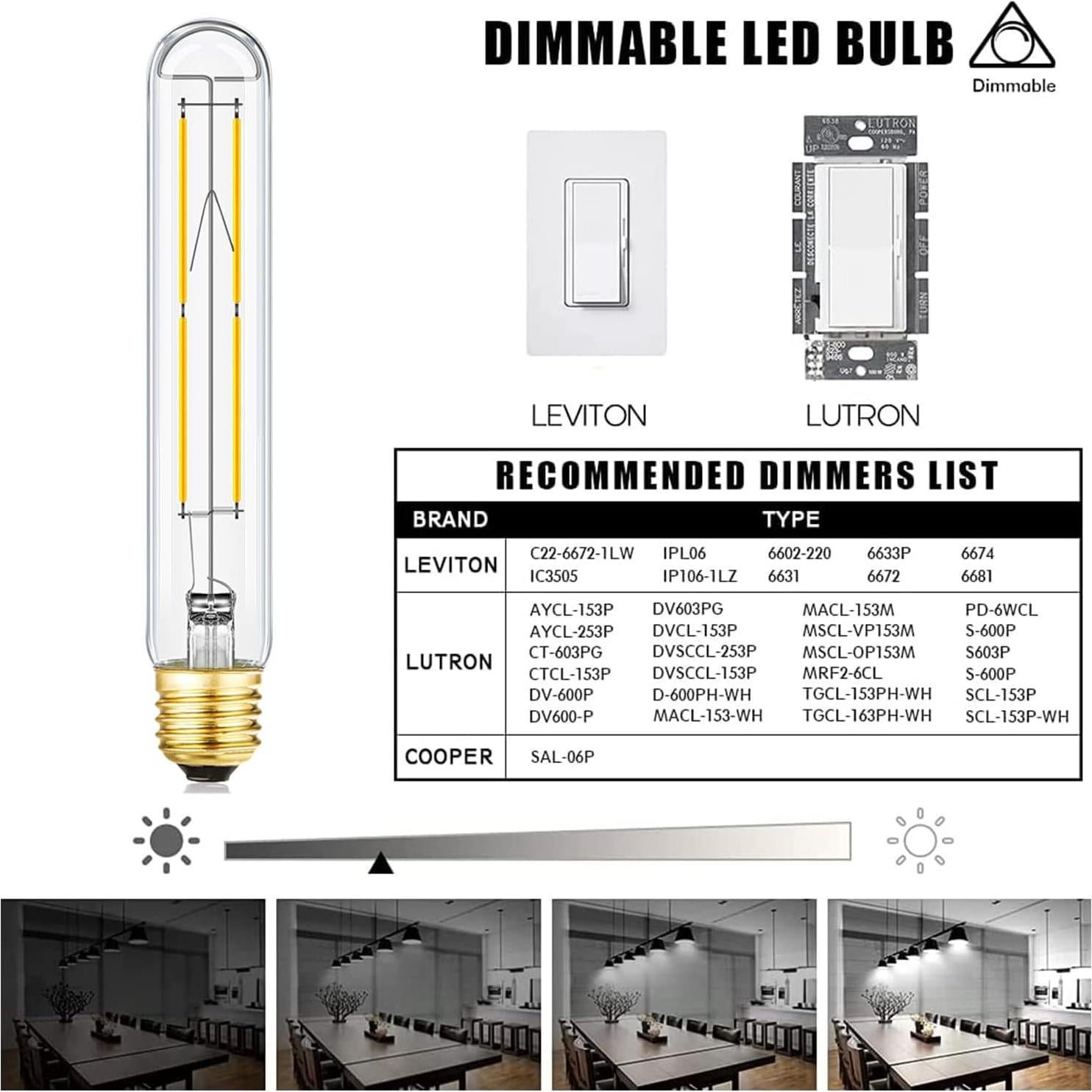 Bombilla LED T10 8W E26 Regulable 4000K 800lm Paquete de 4