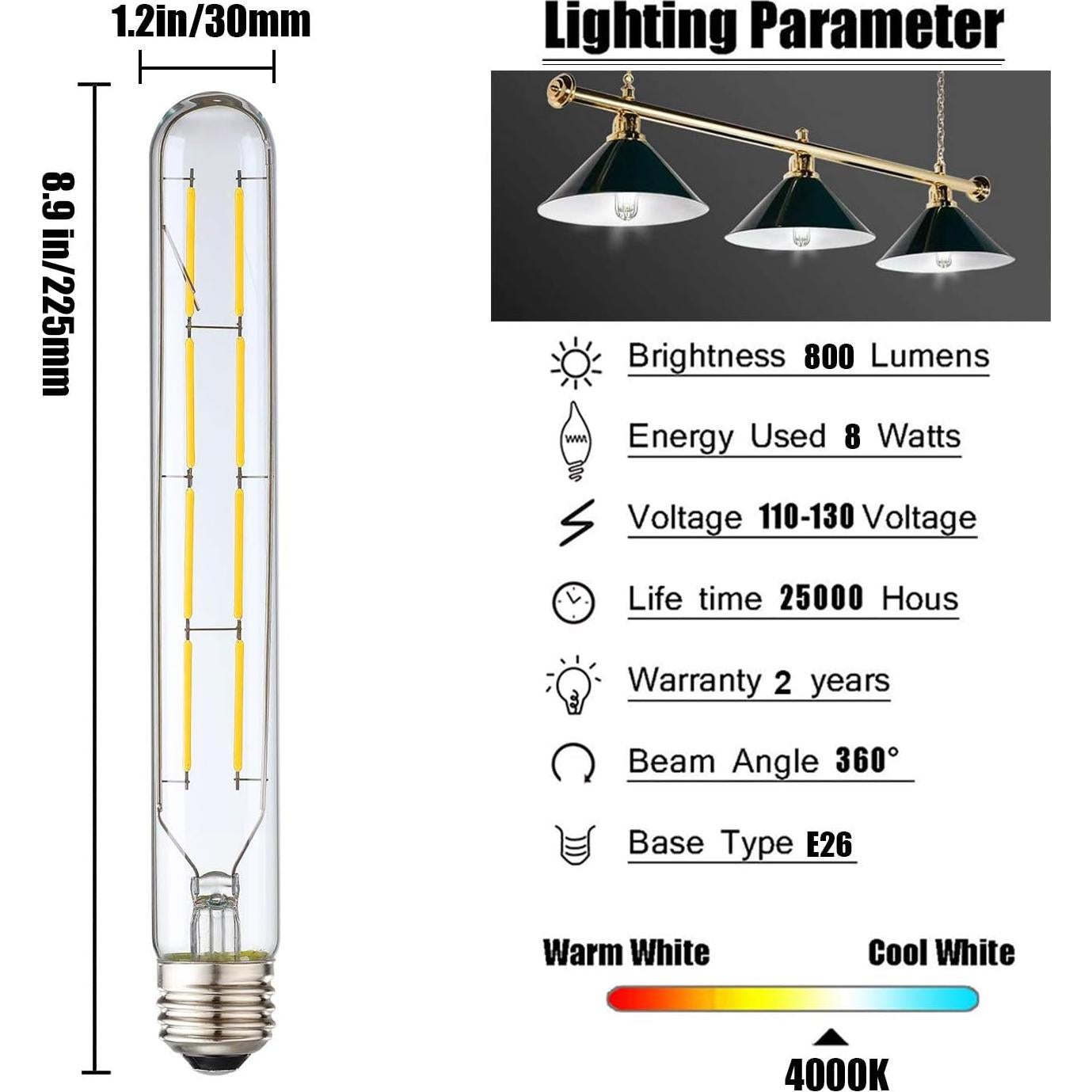 Bombilla LED Regulable Leools 8W E26 4000K 225mm Paquete de 4