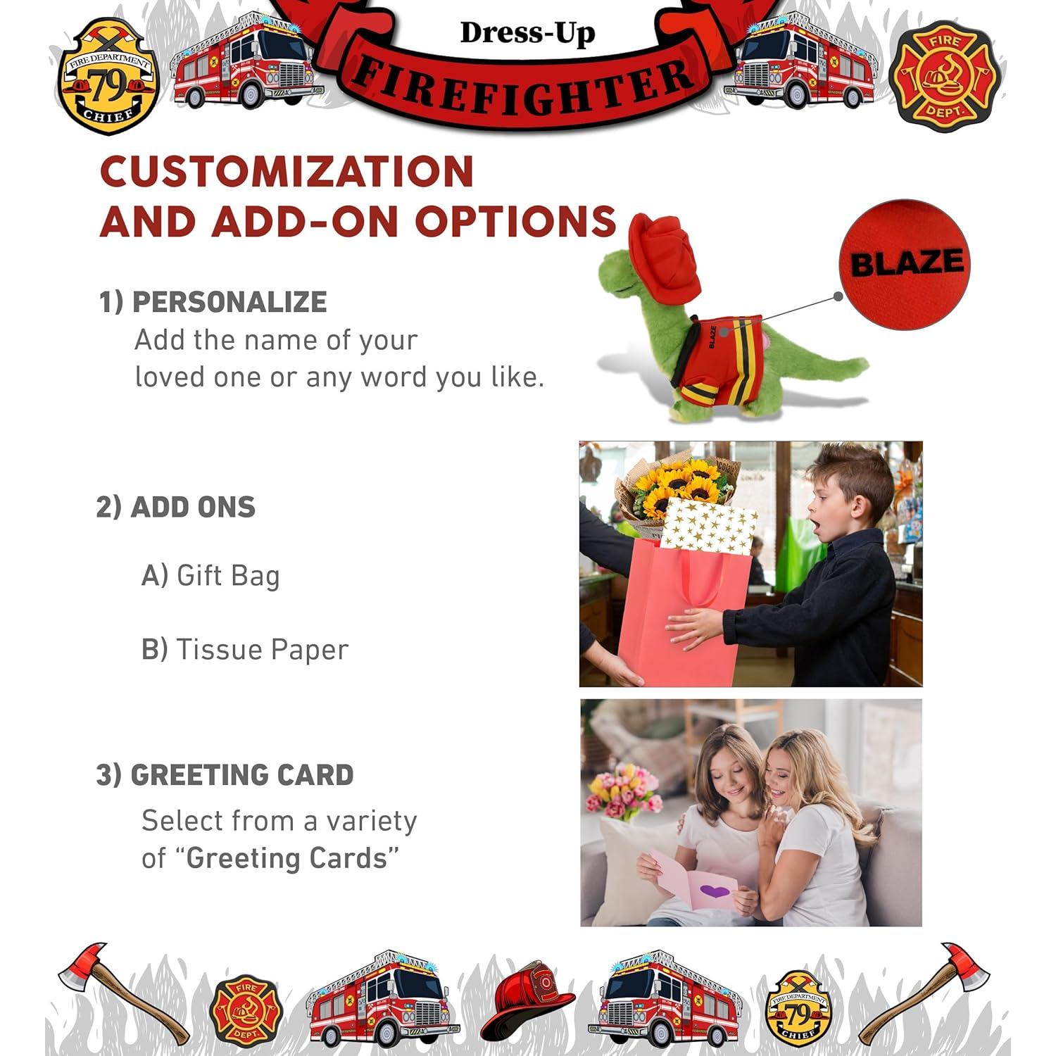 Dinosaurio Bombero Verde Peluche DolliBu 25.4 cm Personalizable