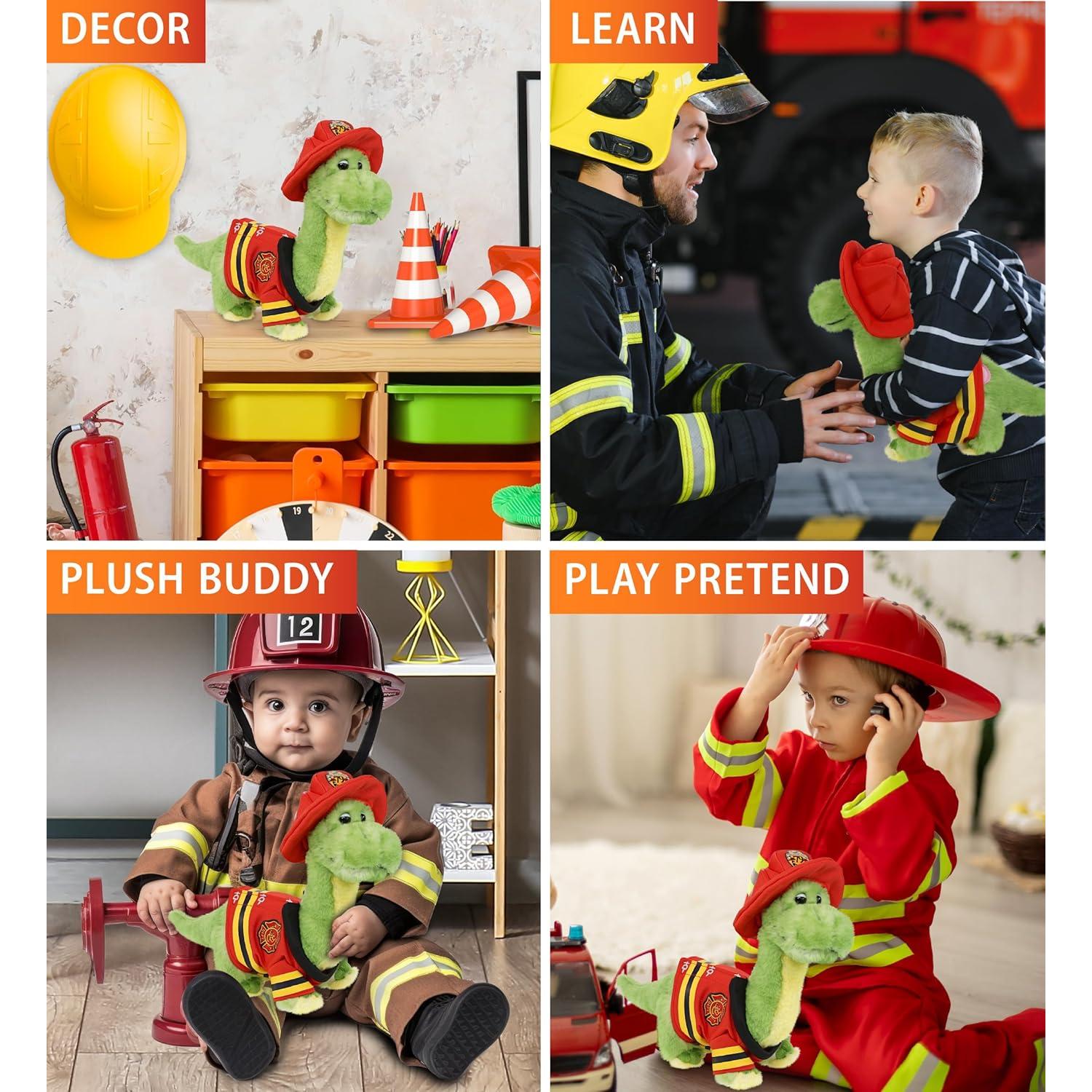 Dinosaurio Bombero Verde Peluche DolliBu 25.4 cm Personalizable