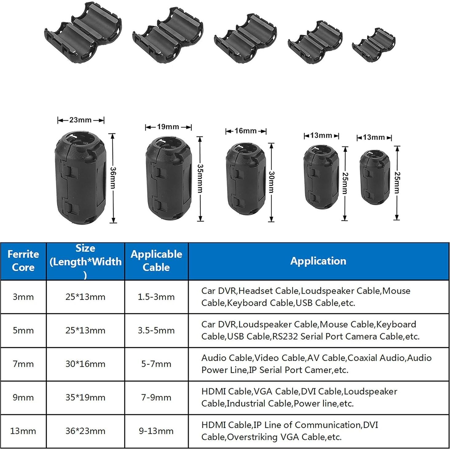 Ceedmon 20 Clips de Ferrita RFI EMI para Cable 3-13mm Negro
